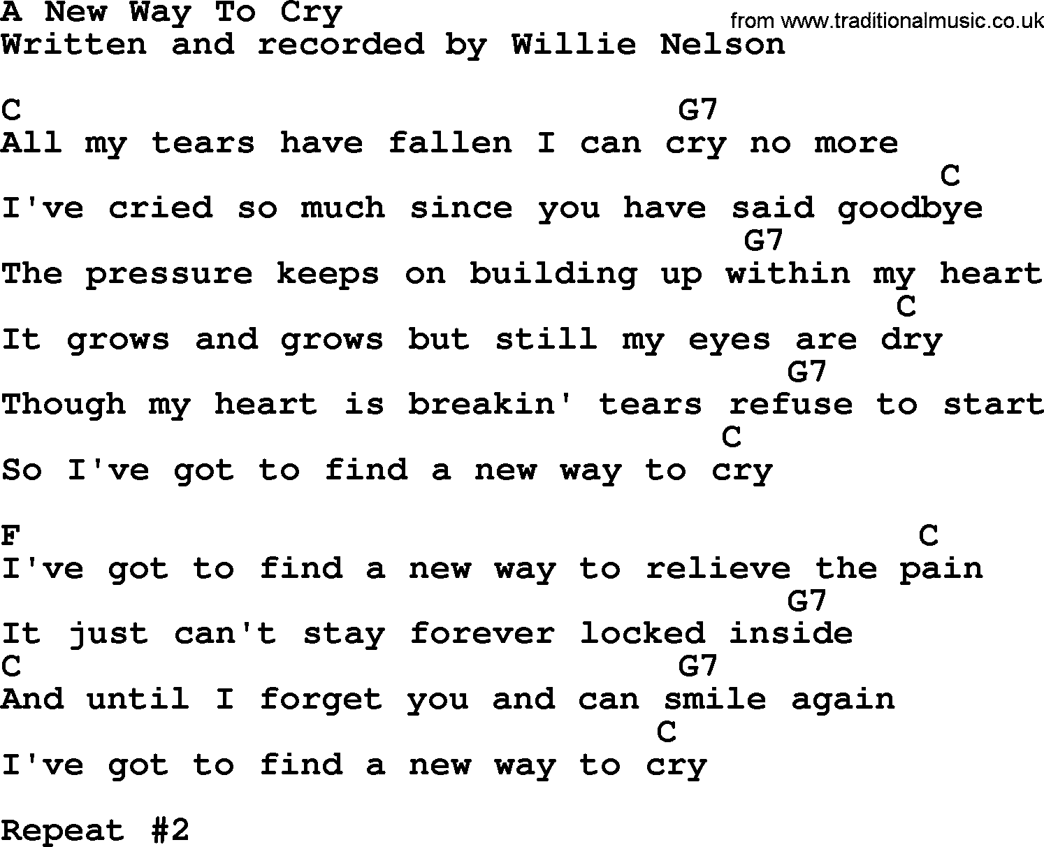 Willie Nelson song: A New Way To Cry, lyrics and chords