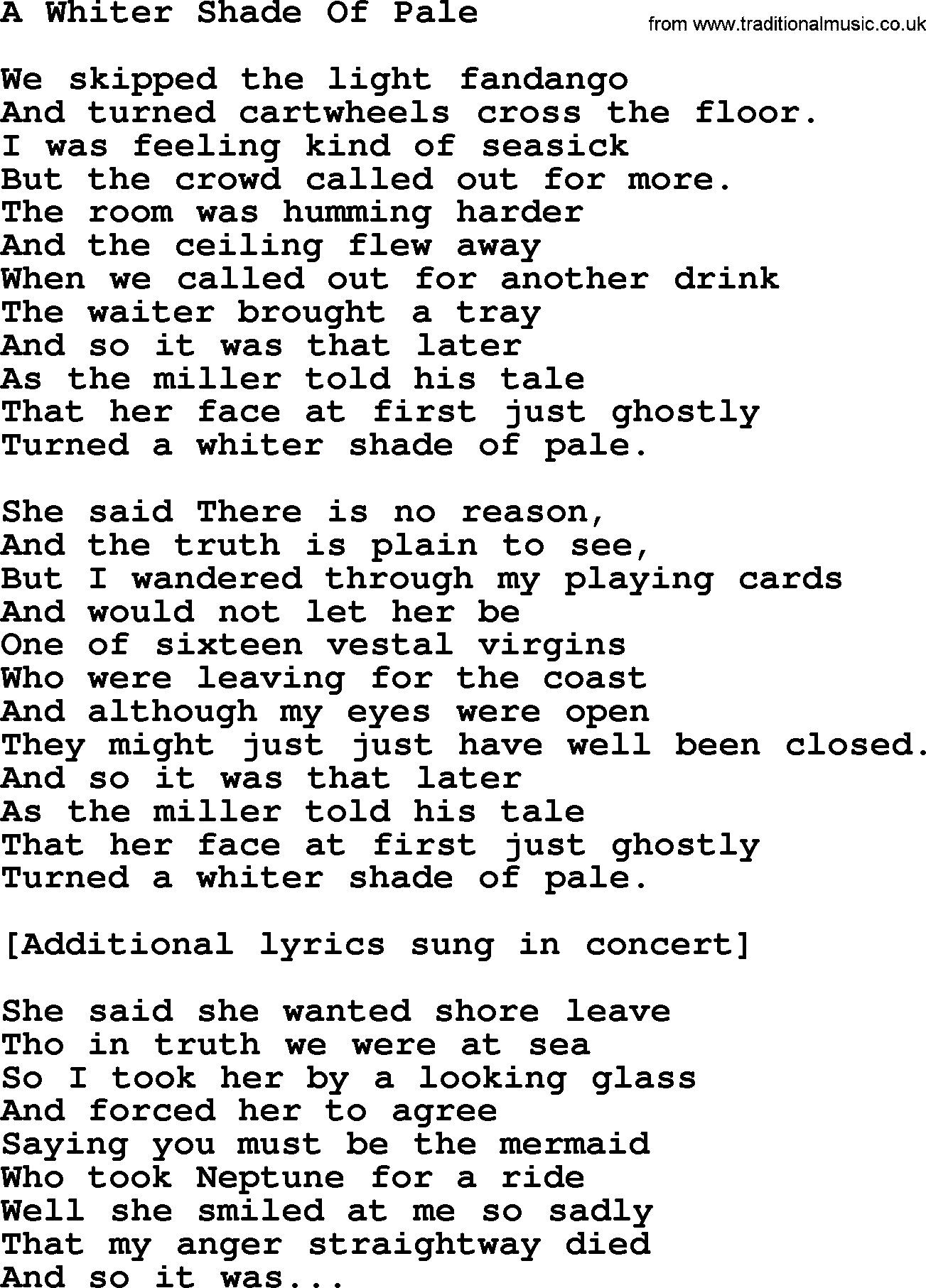 Willie Nelson song: A Whiter Shade Of Pale lyrics