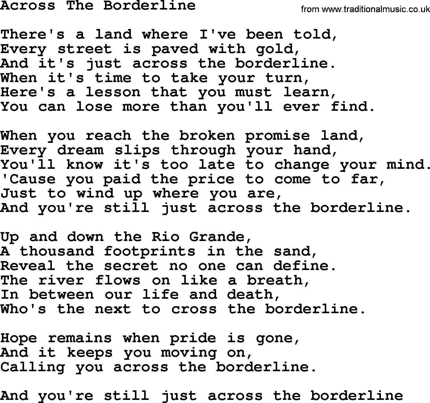 Willie Nelson song: Across The Borderline lyrics