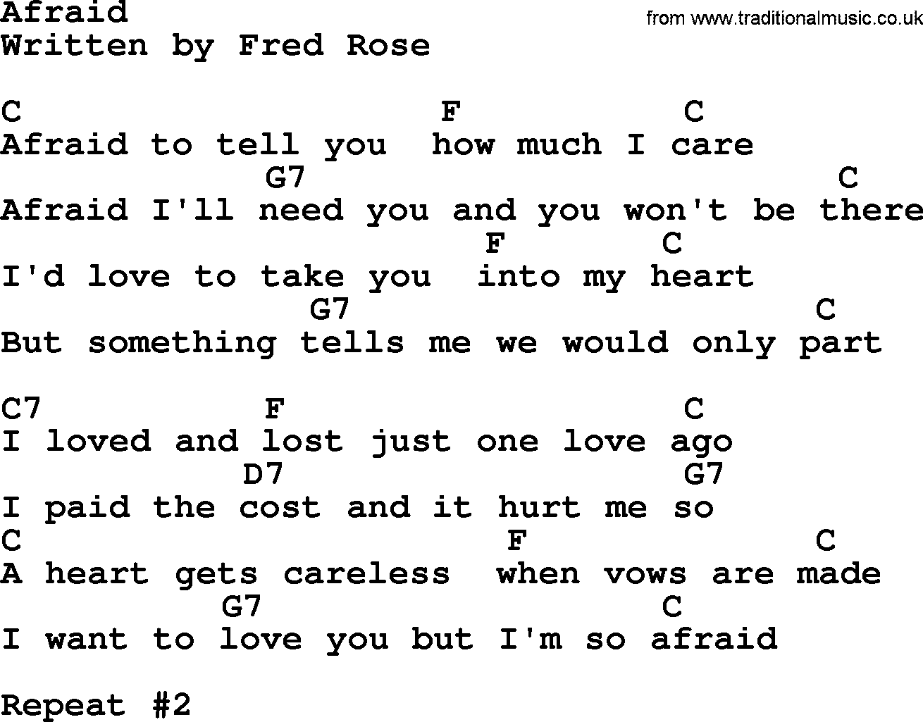 Willie Nelson song: Afraid, lyrics and chords