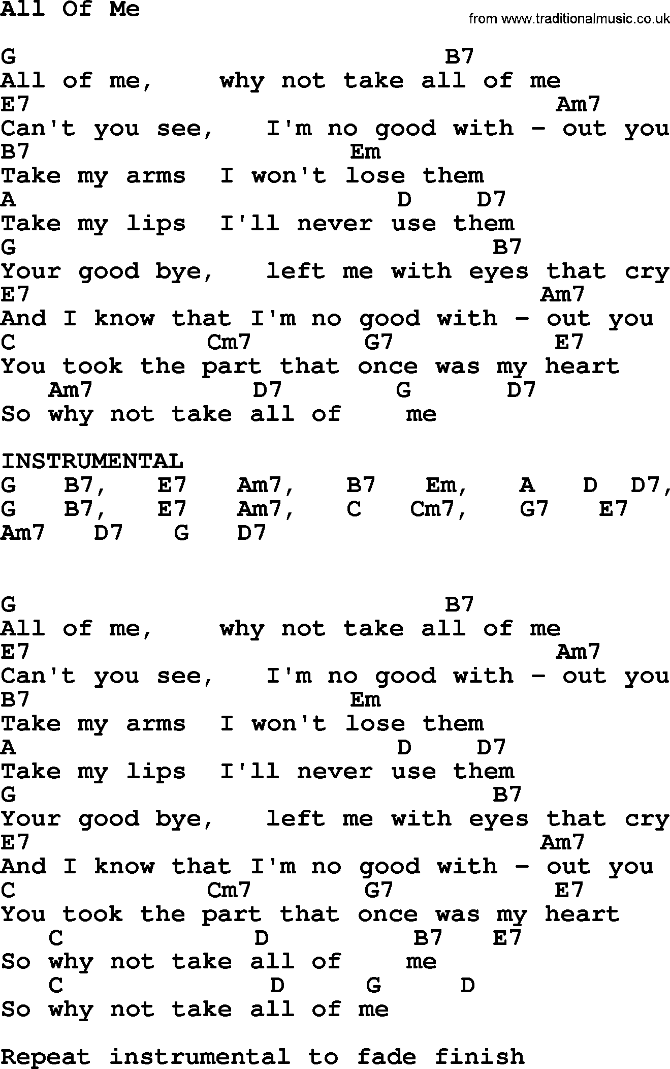Willie Nelson song: All Of Me, lyrics and chords
