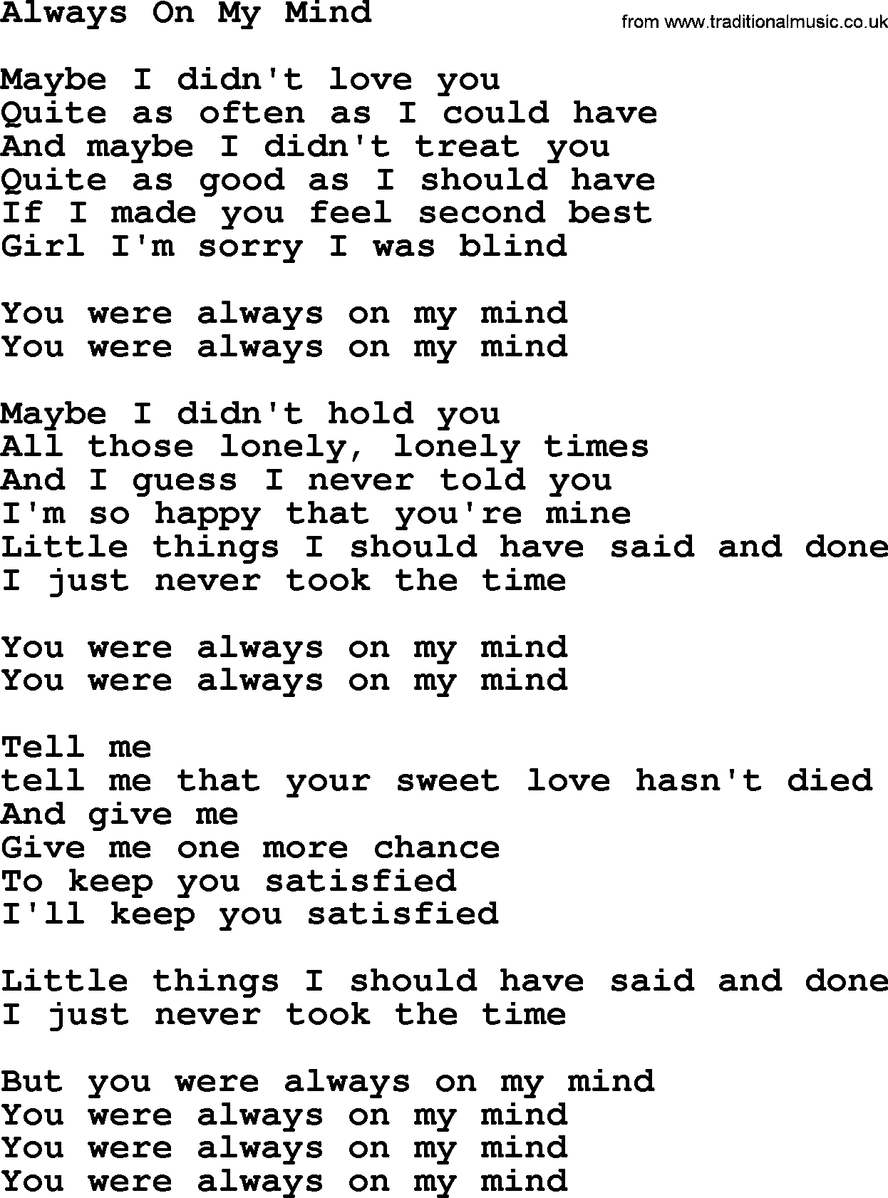 Willie Nelson song: Always On My Mind lyrics