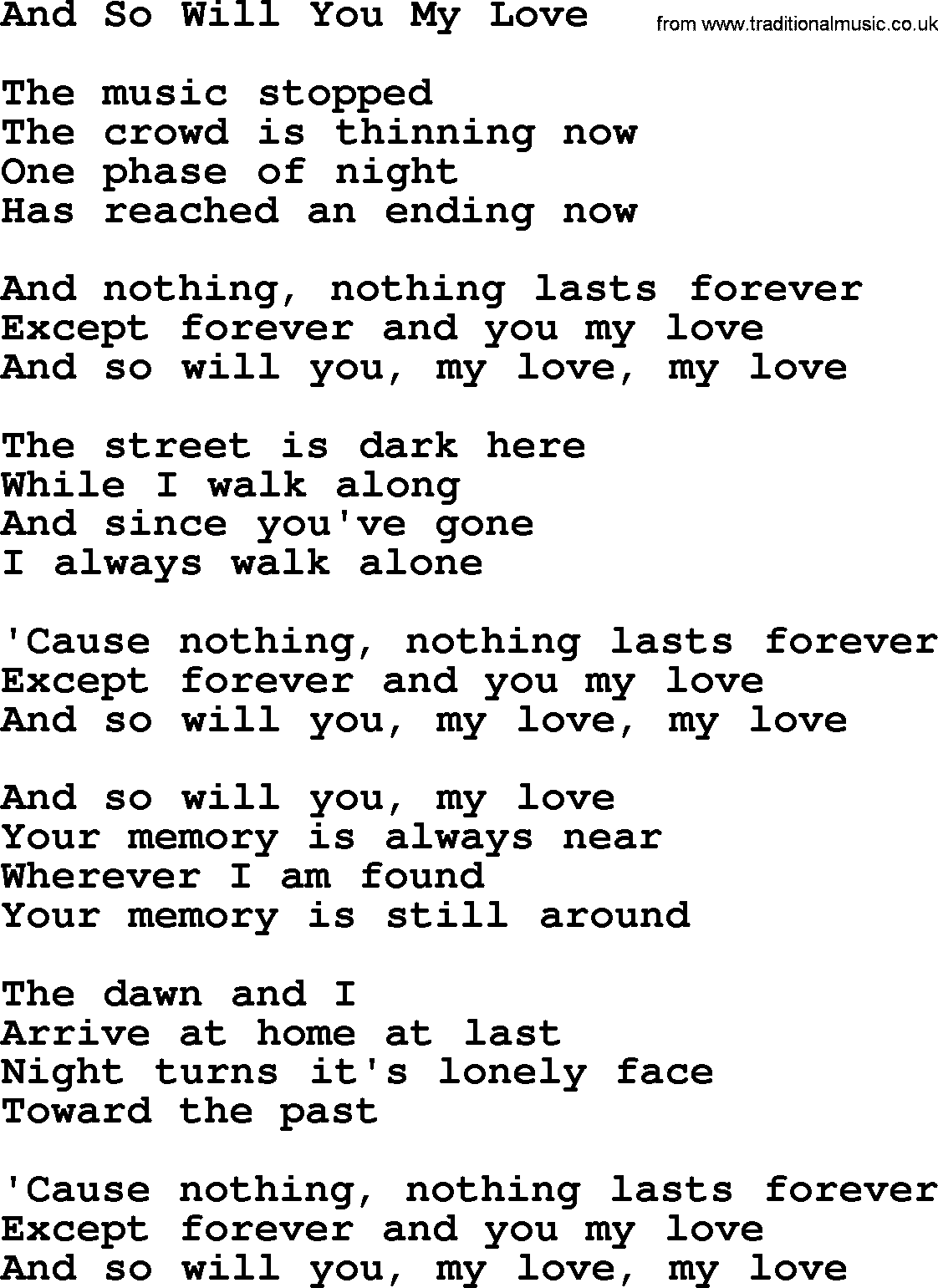 Willie Nelson song: And So Will You My Love lyrics