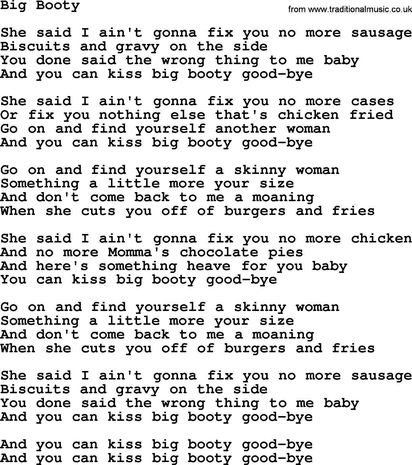 Willie Nelson song: Big Booty lyrics