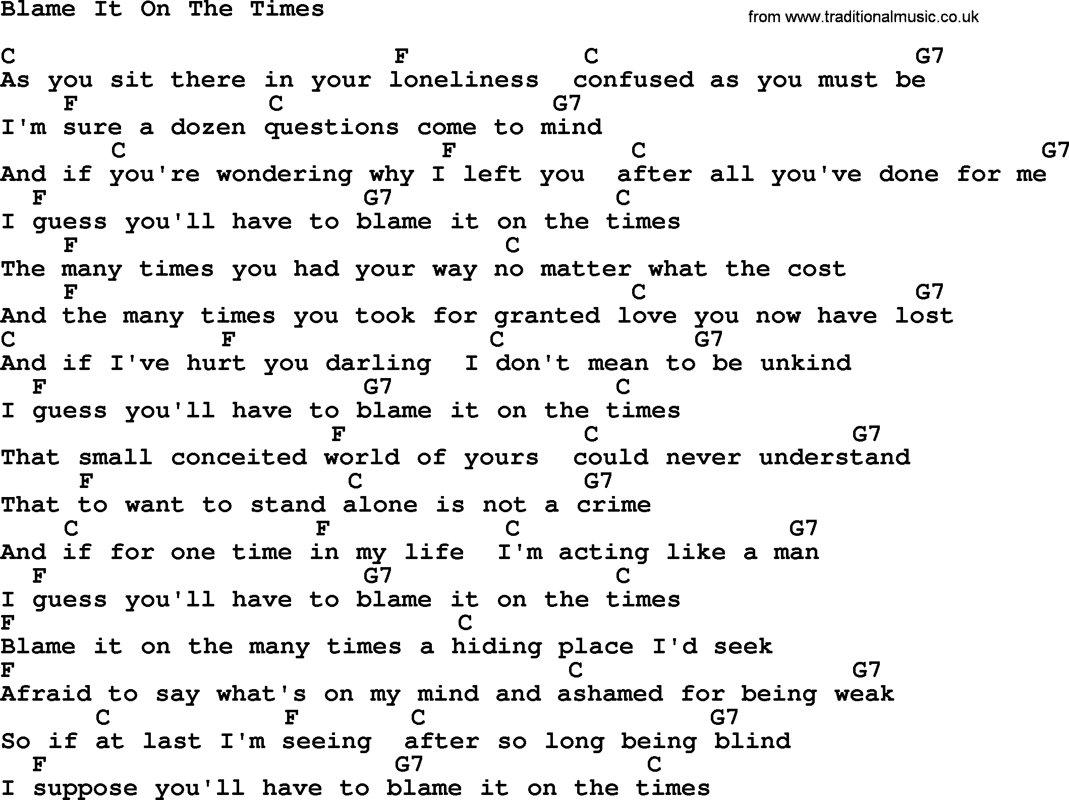Willie Nelson song: Blame It On The Times, lyrics and chords