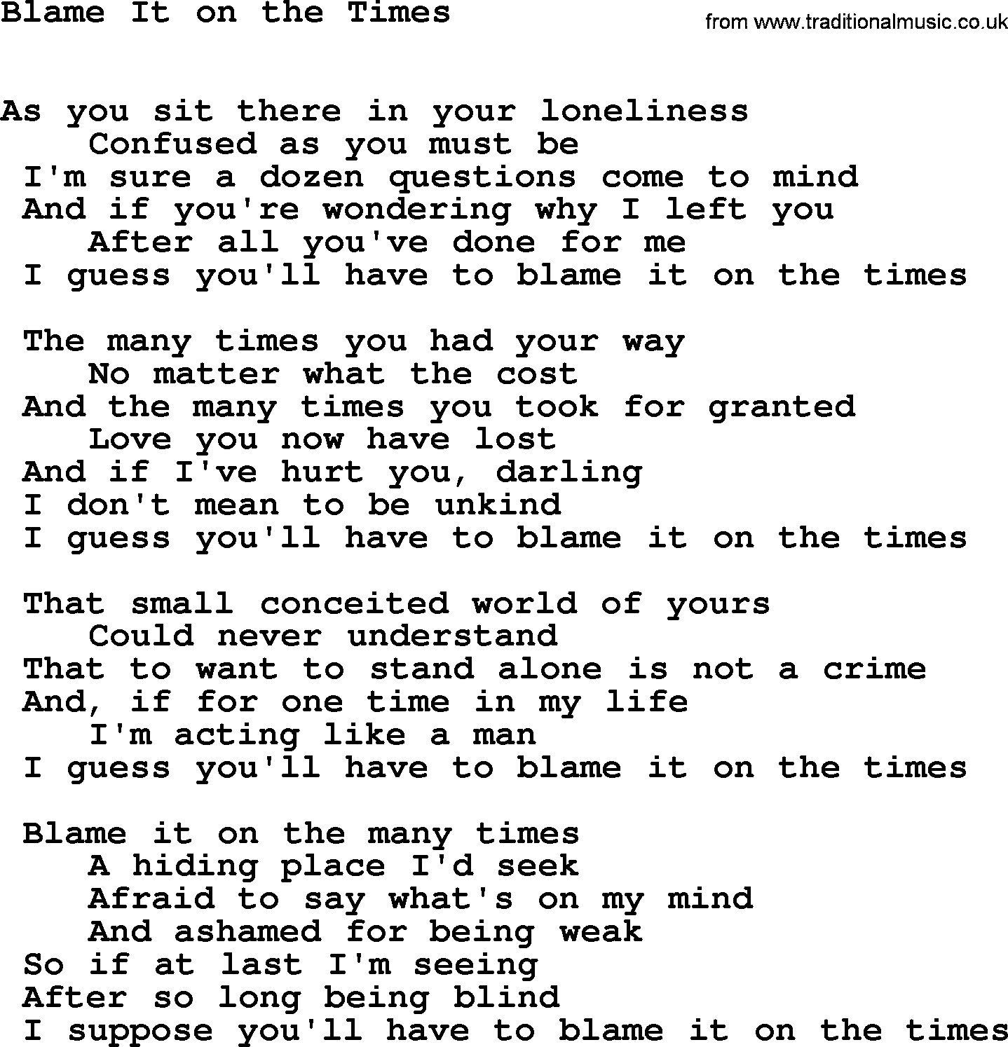 Willie Nelson song: Blame It on the Times lyrics