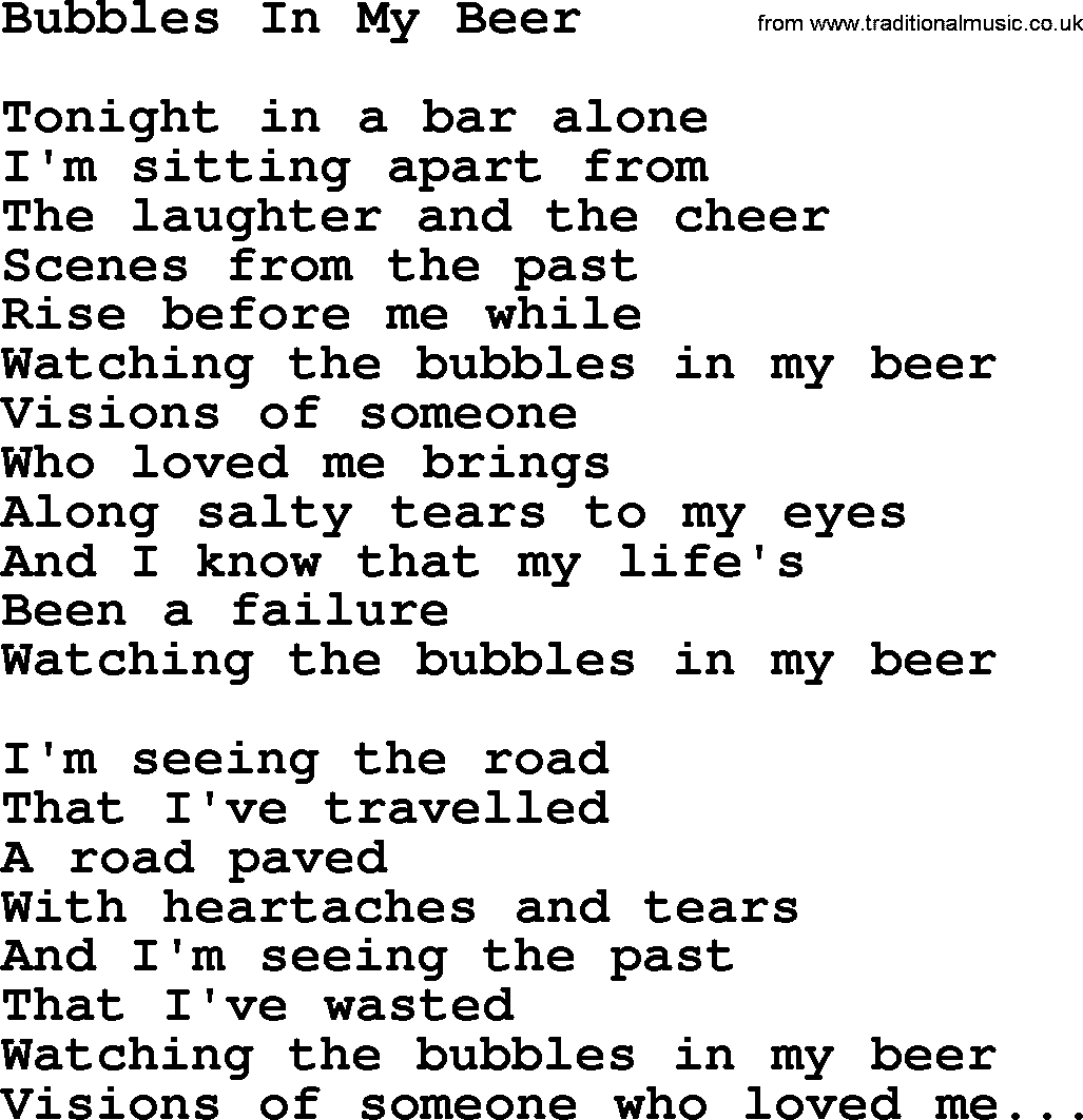 Willie Nelson song: Bubbles In My Beer lyrics