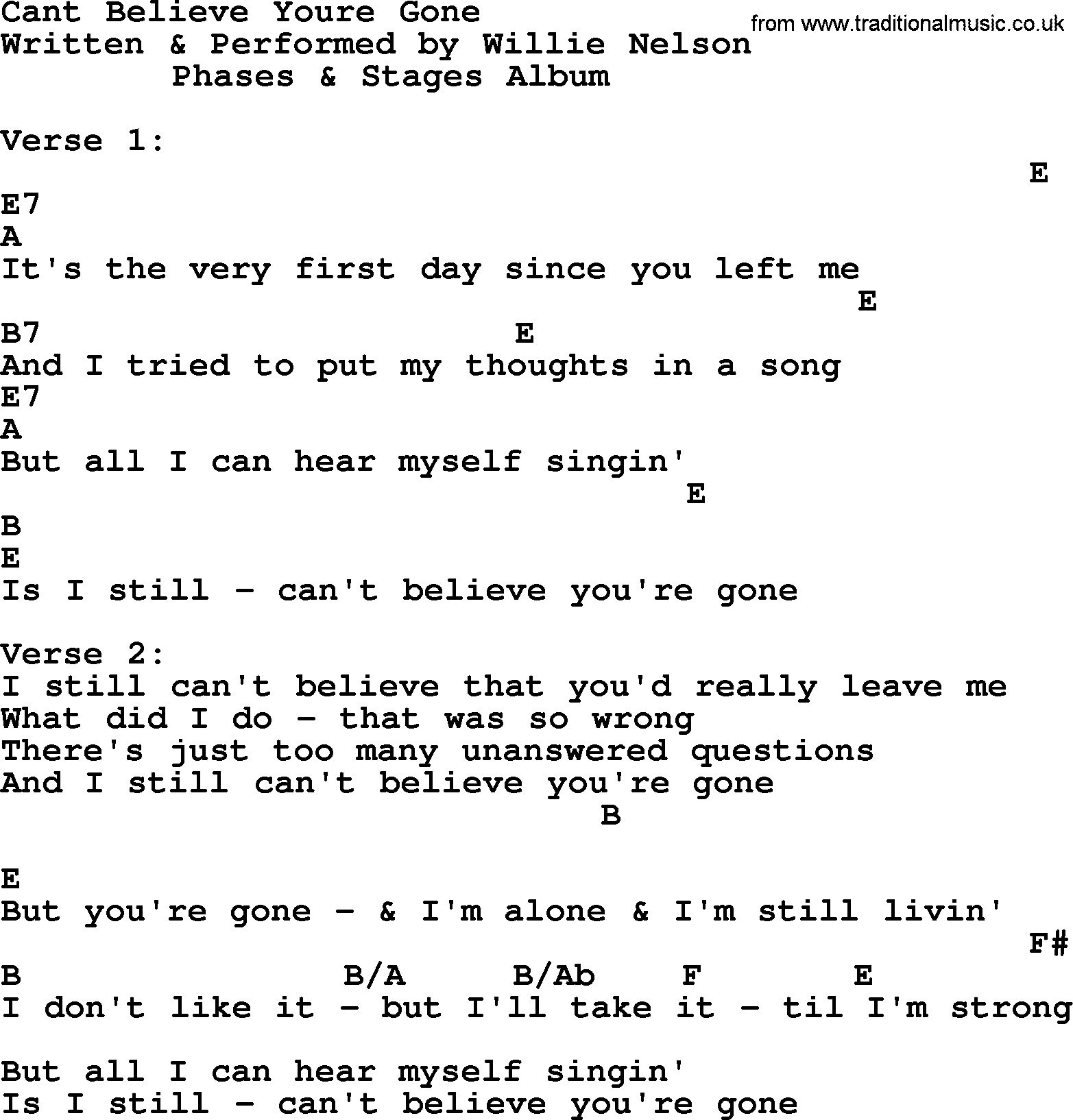 Willie Nelson song: Cant Believe Youre Gone, lyrics and chords