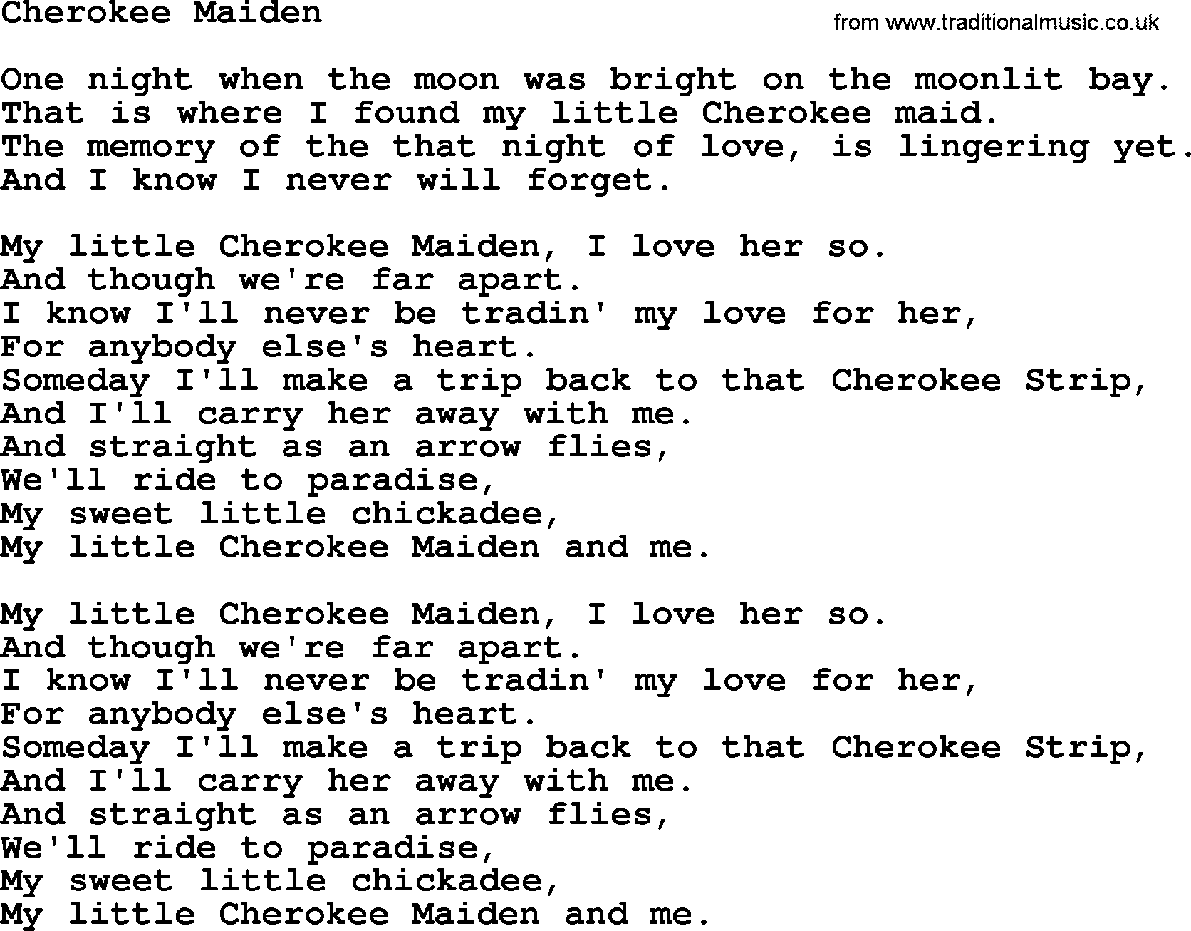 Willie Nelson song: Cherokee Maiden lyrics