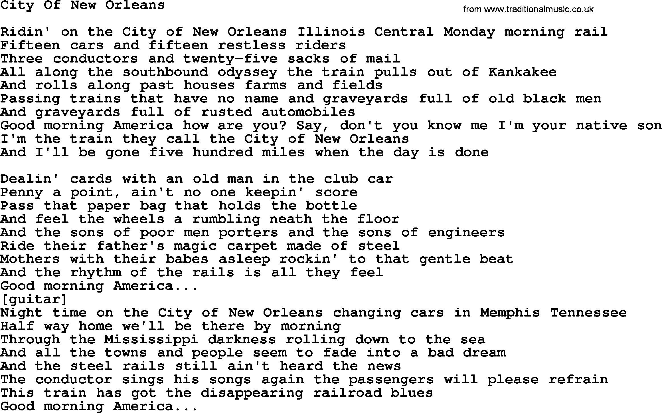 Willie Nelson song: City Of New Orleans lyrics