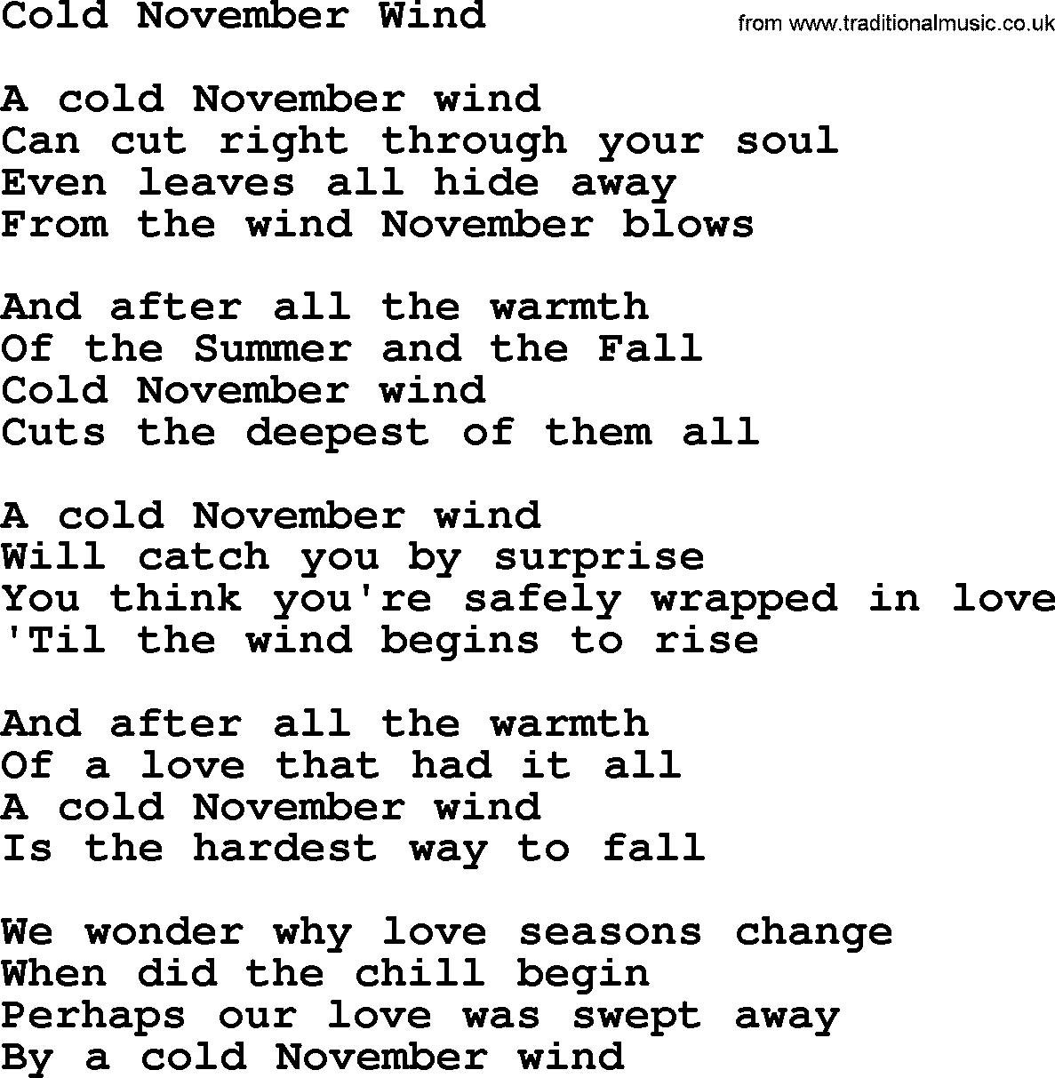 Willie Nelson song: Cold November Wind lyrics