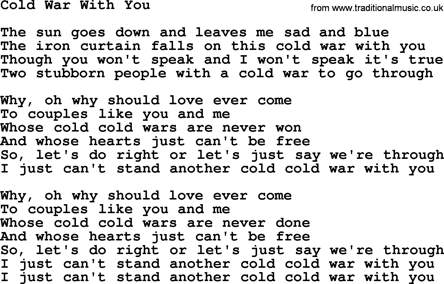 Willie Nelson song: Cold War With You lyrics