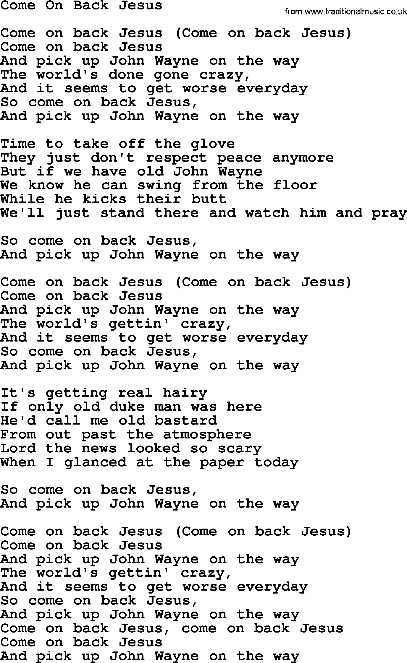 Willie Nelson song: Come On Back Jesus lyrics