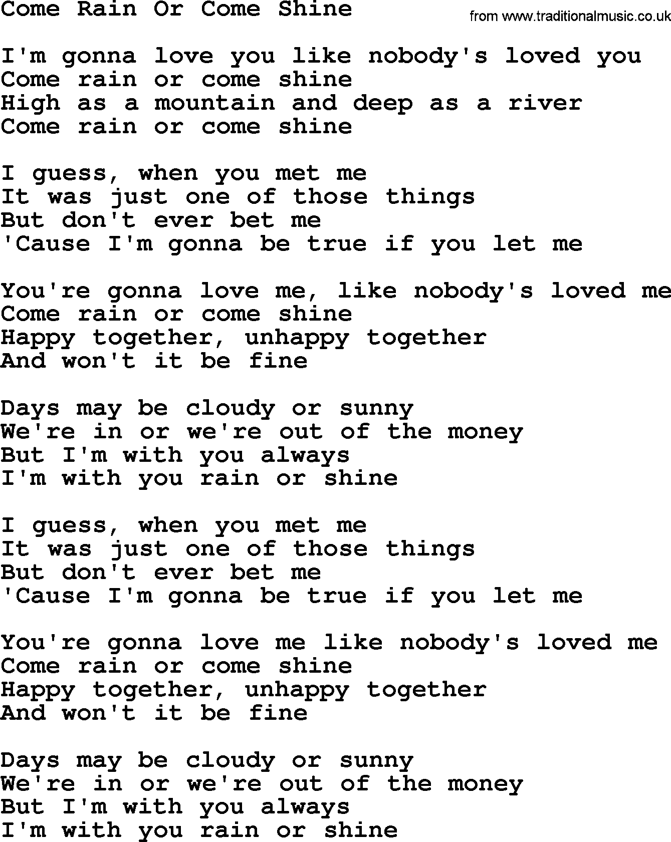 Willie Nelson song: Come Rain Or Come Shine lyrics