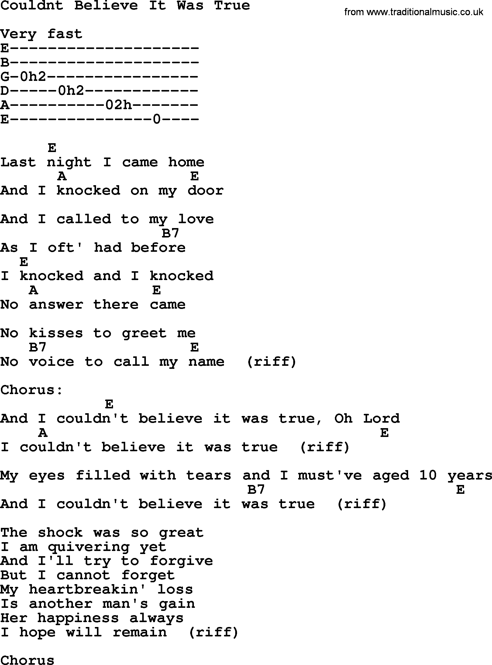Willie Nelson song: Couldnt Believe It Was True, lyrics and chords