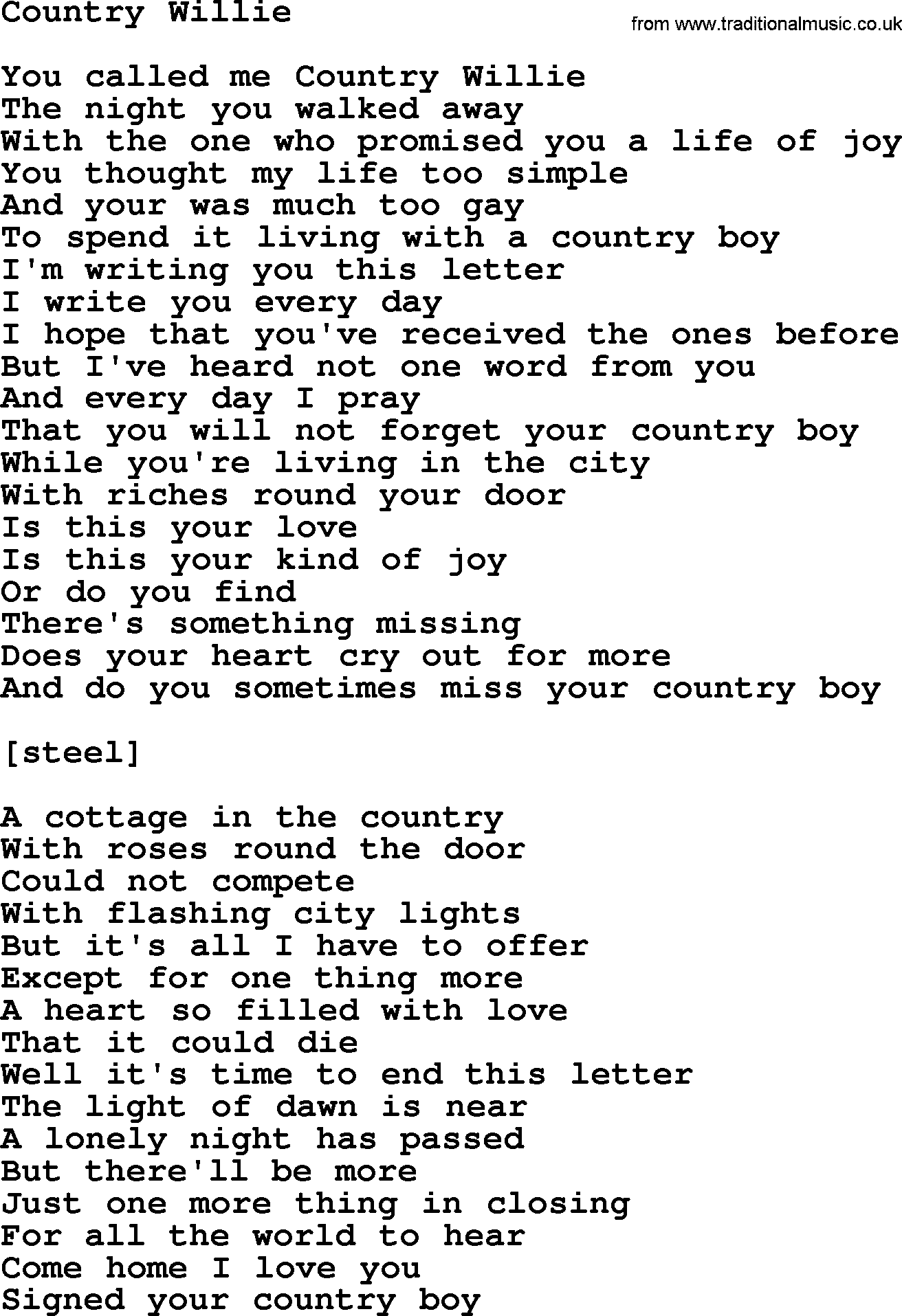 Willie Nelson song: Country Willie lyrics