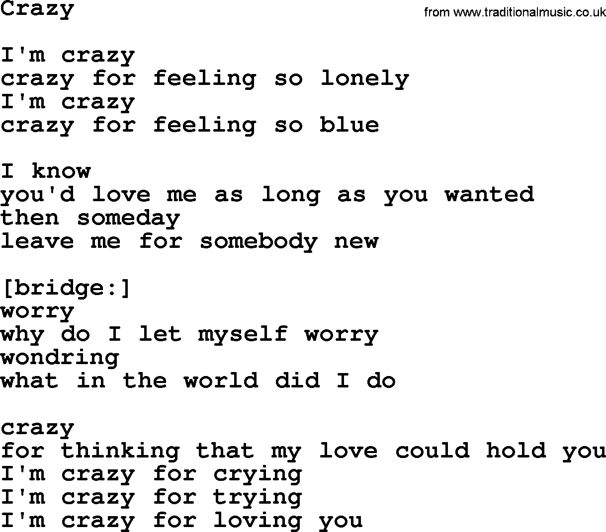 Willie Nelson song: Crazy lyrics