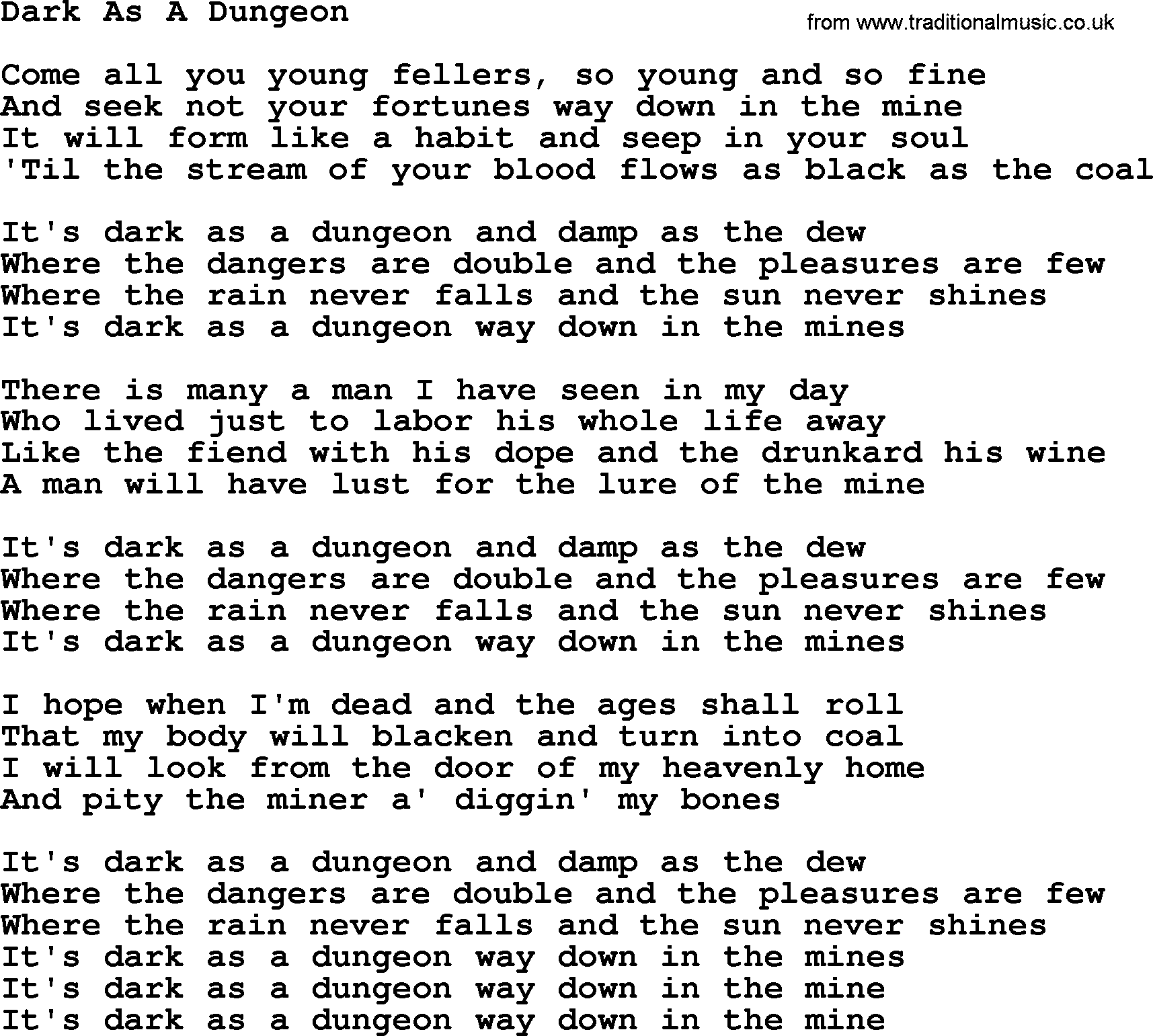 Willie Nelson song: Dark As A Dungeon lyrics