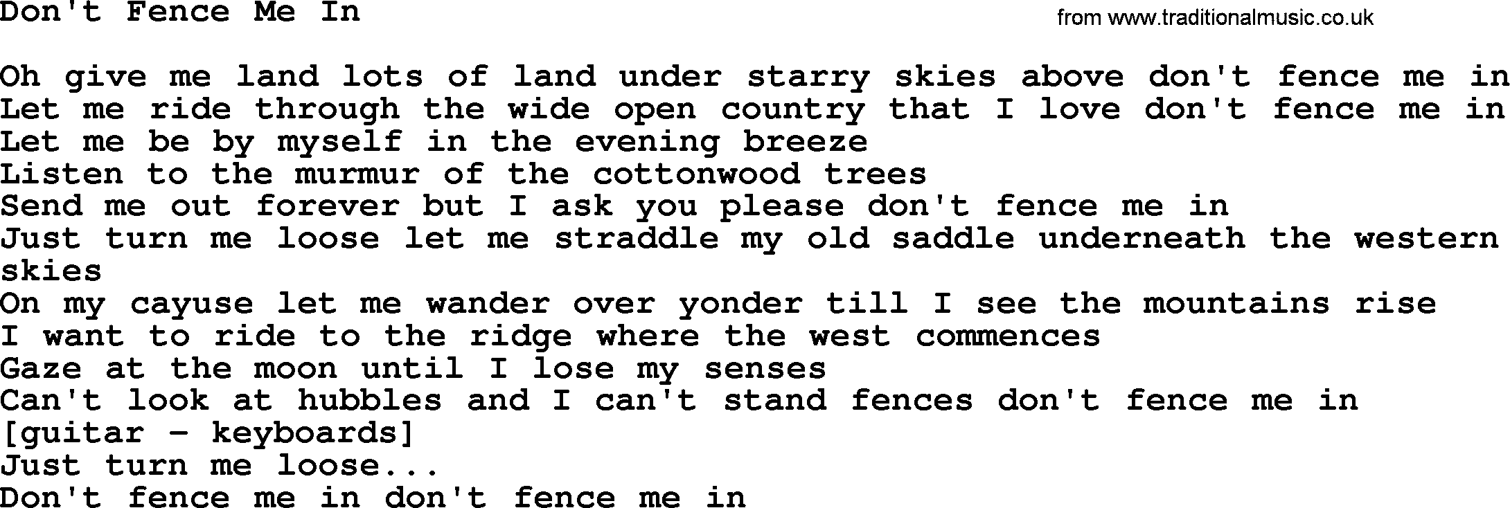 Willie Nelson song: Don't Fence Me In lyrics