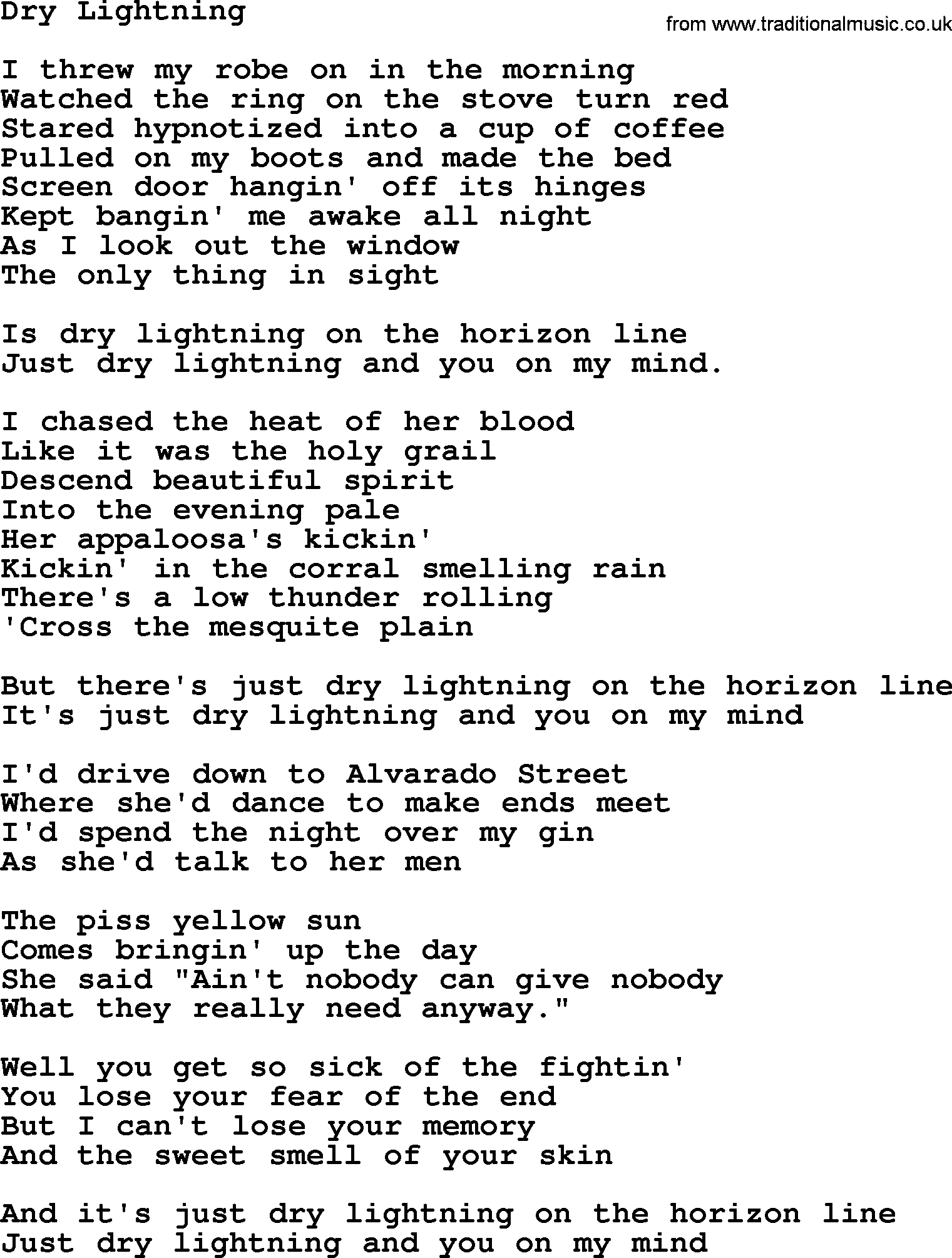 Willie Nelson song: Dry Lightning lyrics