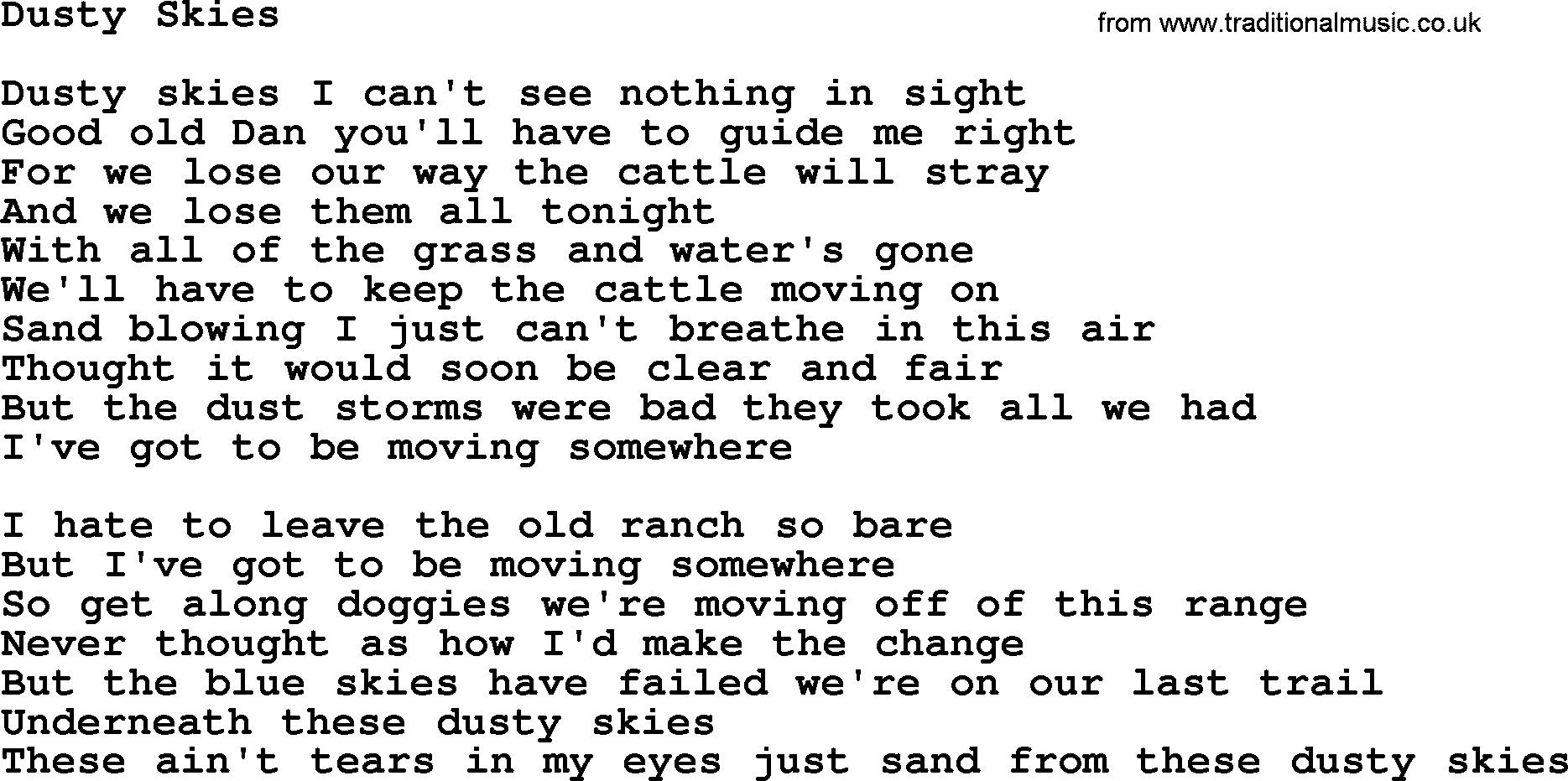 Willie Nelson song: Dusty Skies lyrics