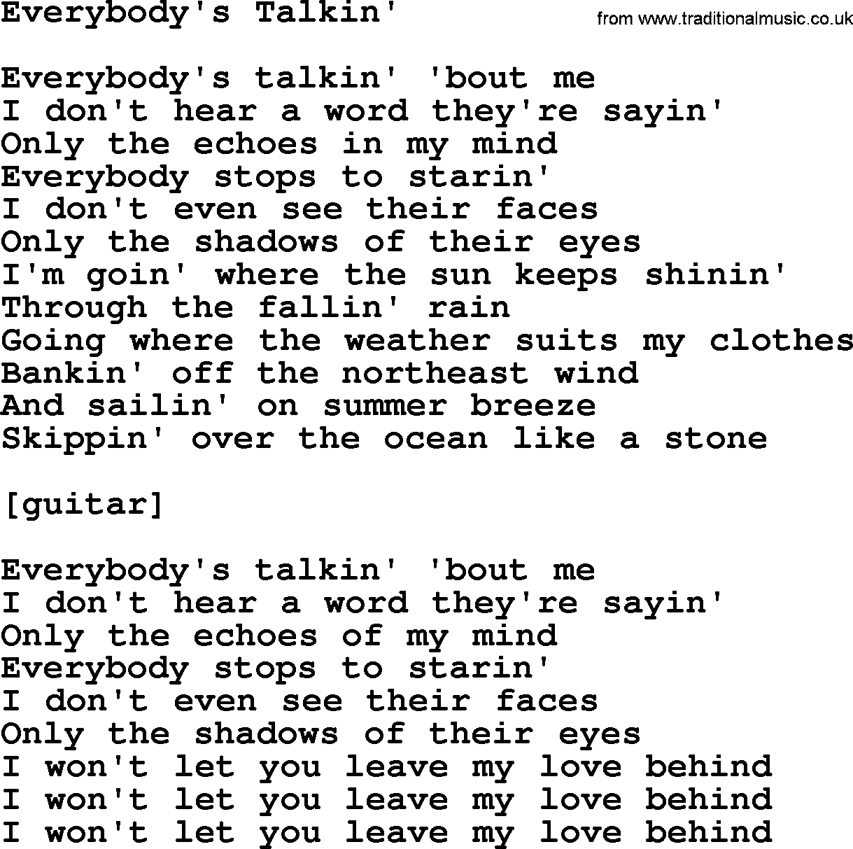 Willie Nelson song: Everybody's Talkin' lyrics