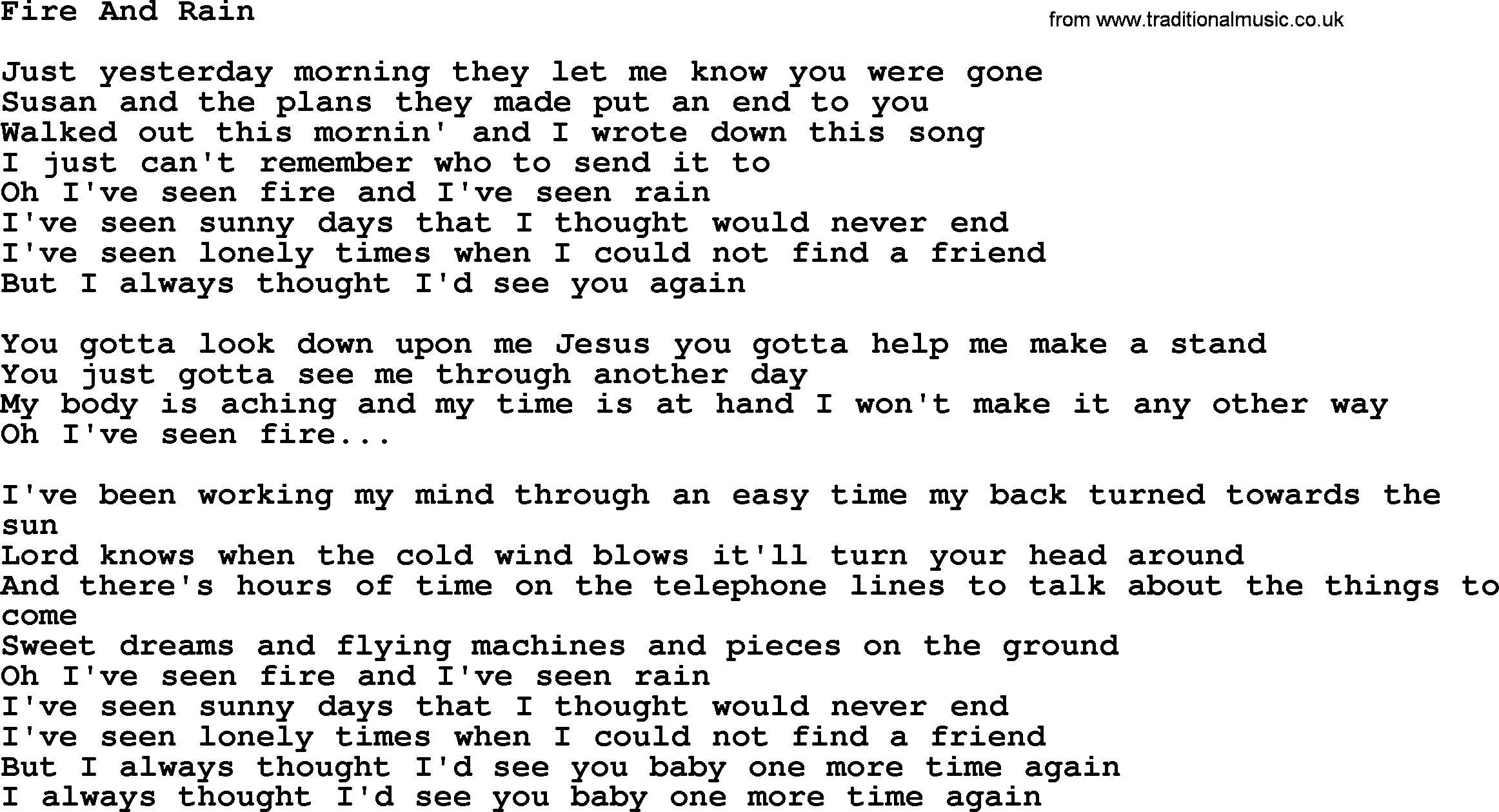 Willie Nelson song: Fire And Rain lyrics
