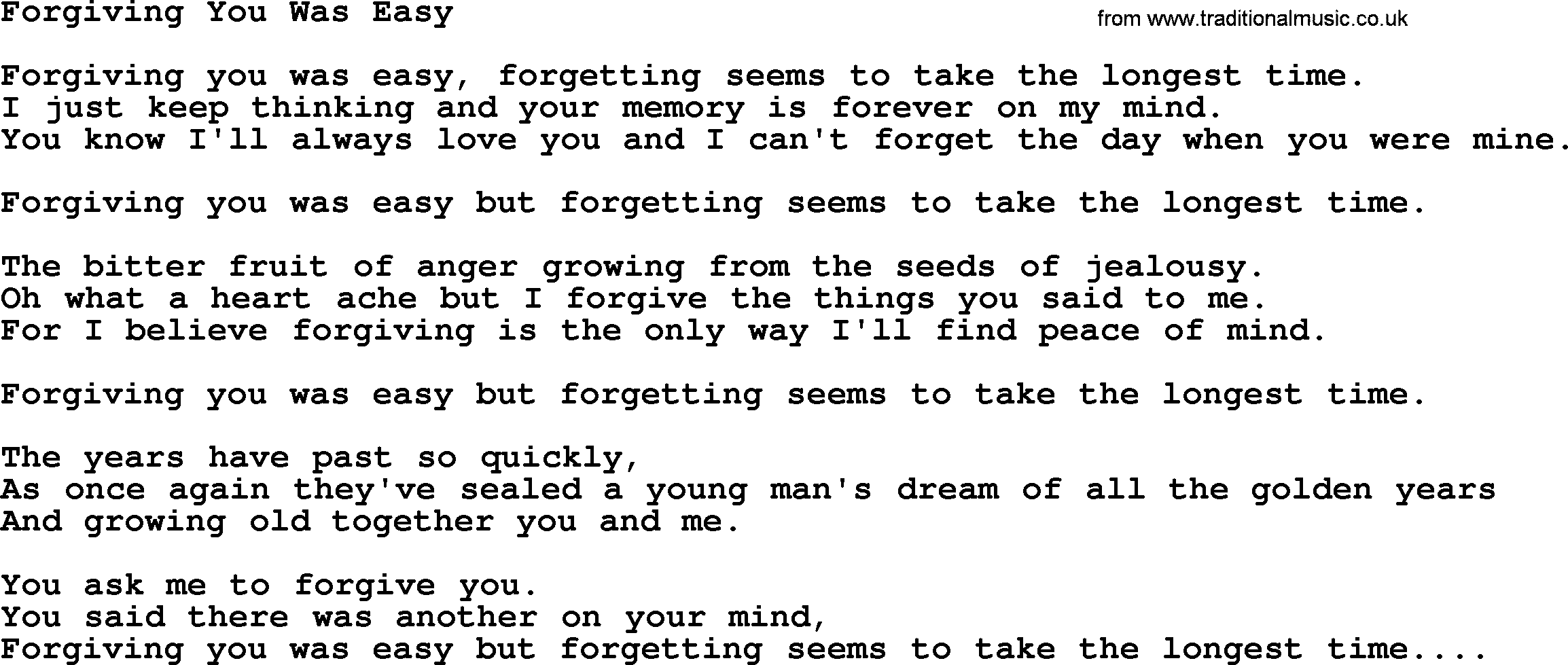 Willie Nelson song: Forgiving You Was Easy lyrics