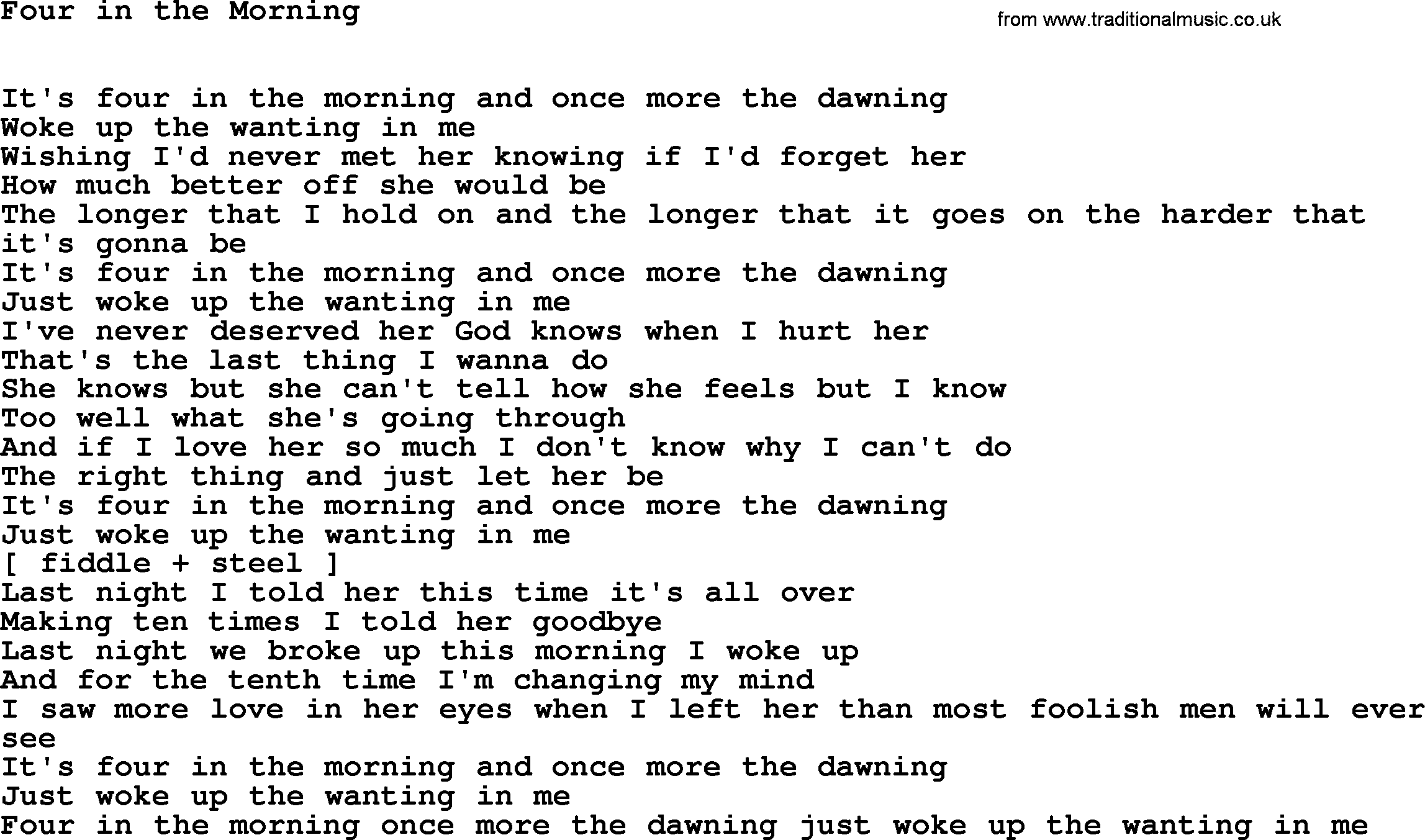 Willie Nelson song: Four in the Morning lyrics