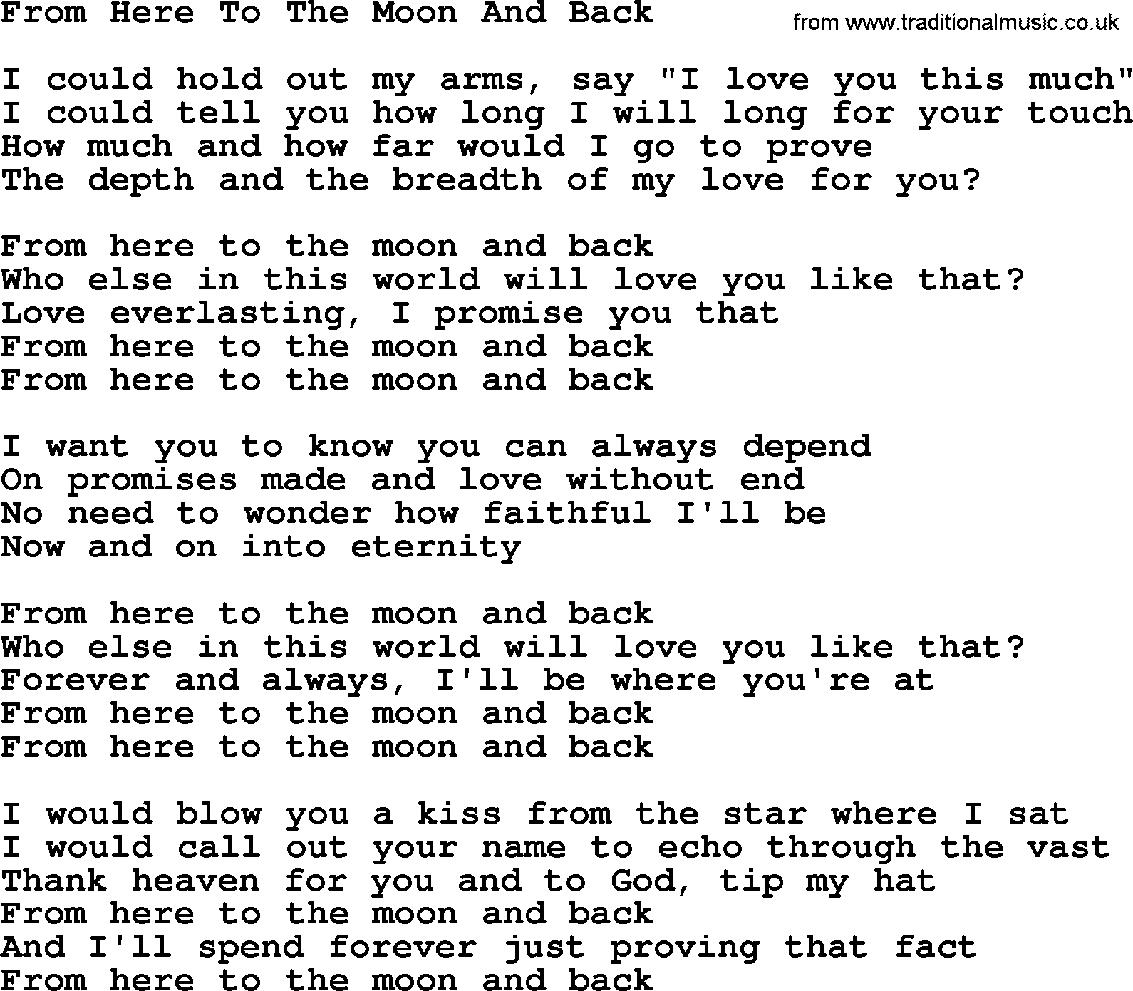 Willie Nelson song: From Here To The Moon And Back lyrics
