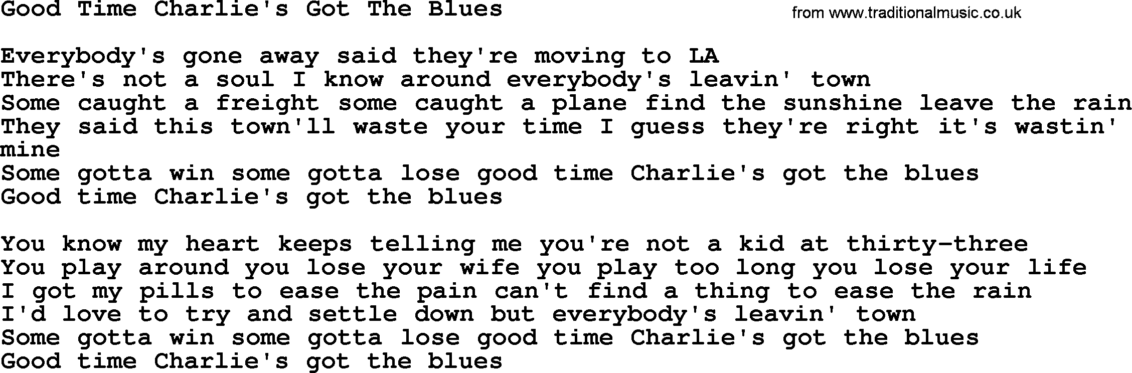 Willie Nelson song: Good Time Charlie's Got The Blues lyrics
