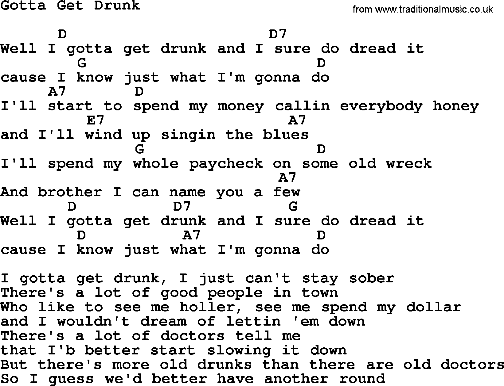 Willie Nelson song: Gotta Get Drunk, lyrics and chords