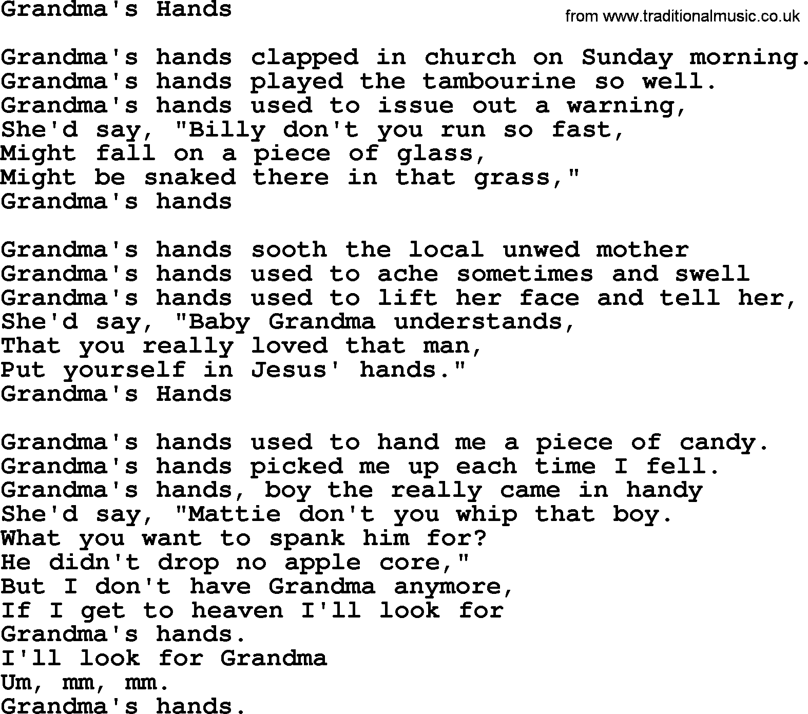 Willie Nelson song: Grandma's Hands lyrics