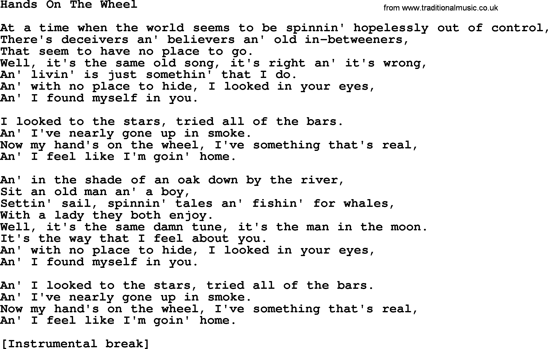 Willie Nelson song: Hands On The Wheel lyrics
