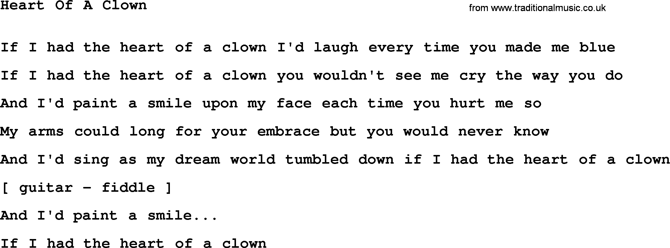 Willie Nelson song: Heart Of A Clown lyrics