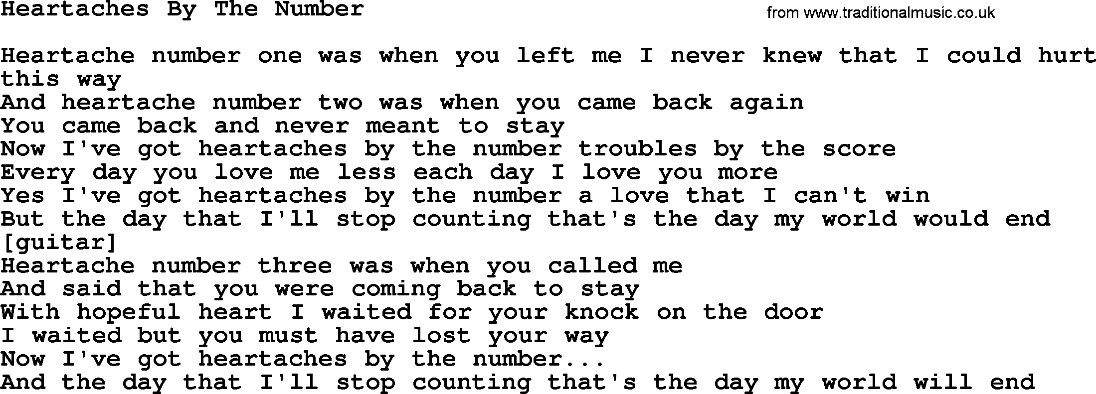 Willie Nelson song: Heartaches By The Number lyrics