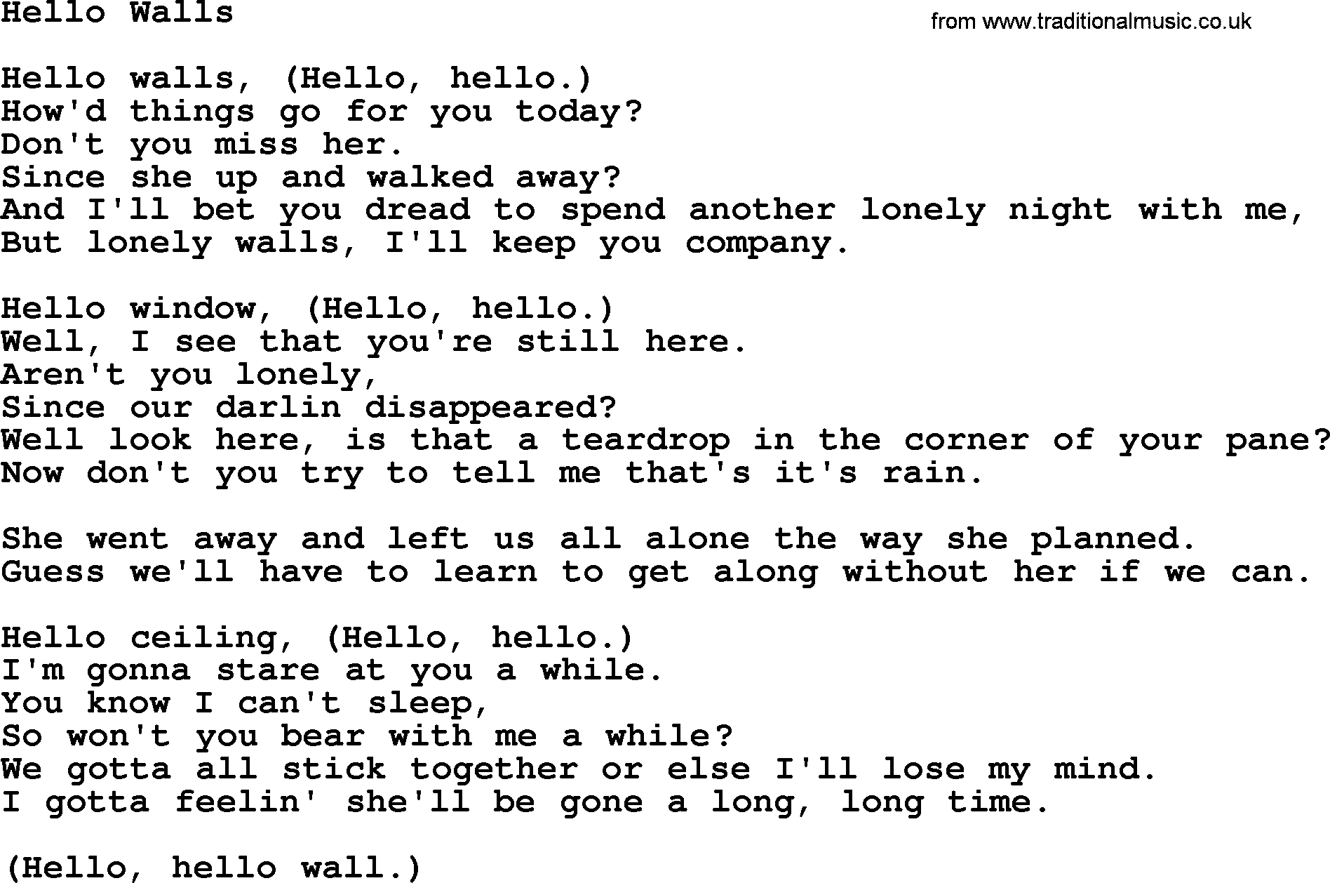 Willie Nelson song: Hello Walls lyrics