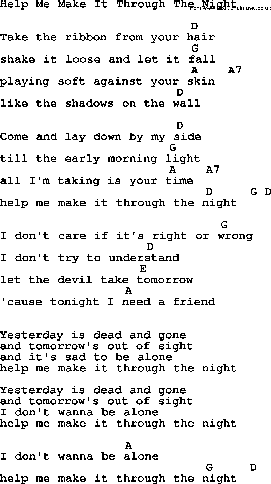 Willie Nelson song: Help Me Make It Through The Night, lyrics and chords