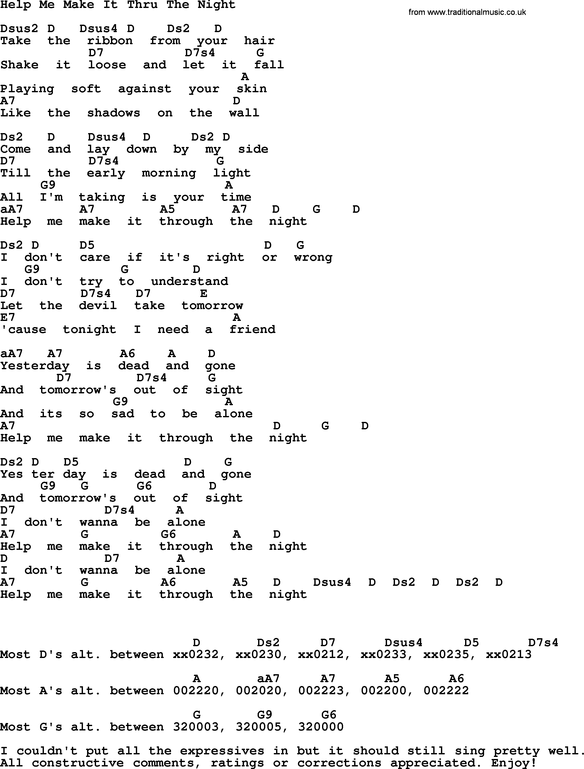 Willie Nelson song: Help Me Make It Thru The Night(2), lyrics and chords