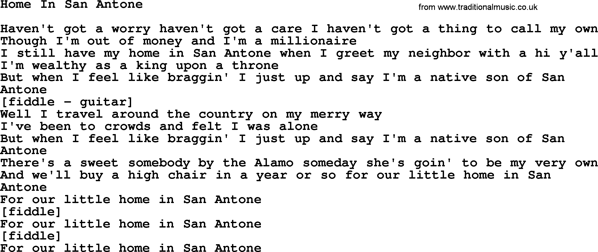 Willie Nelson song: Home In San Antone lyrics