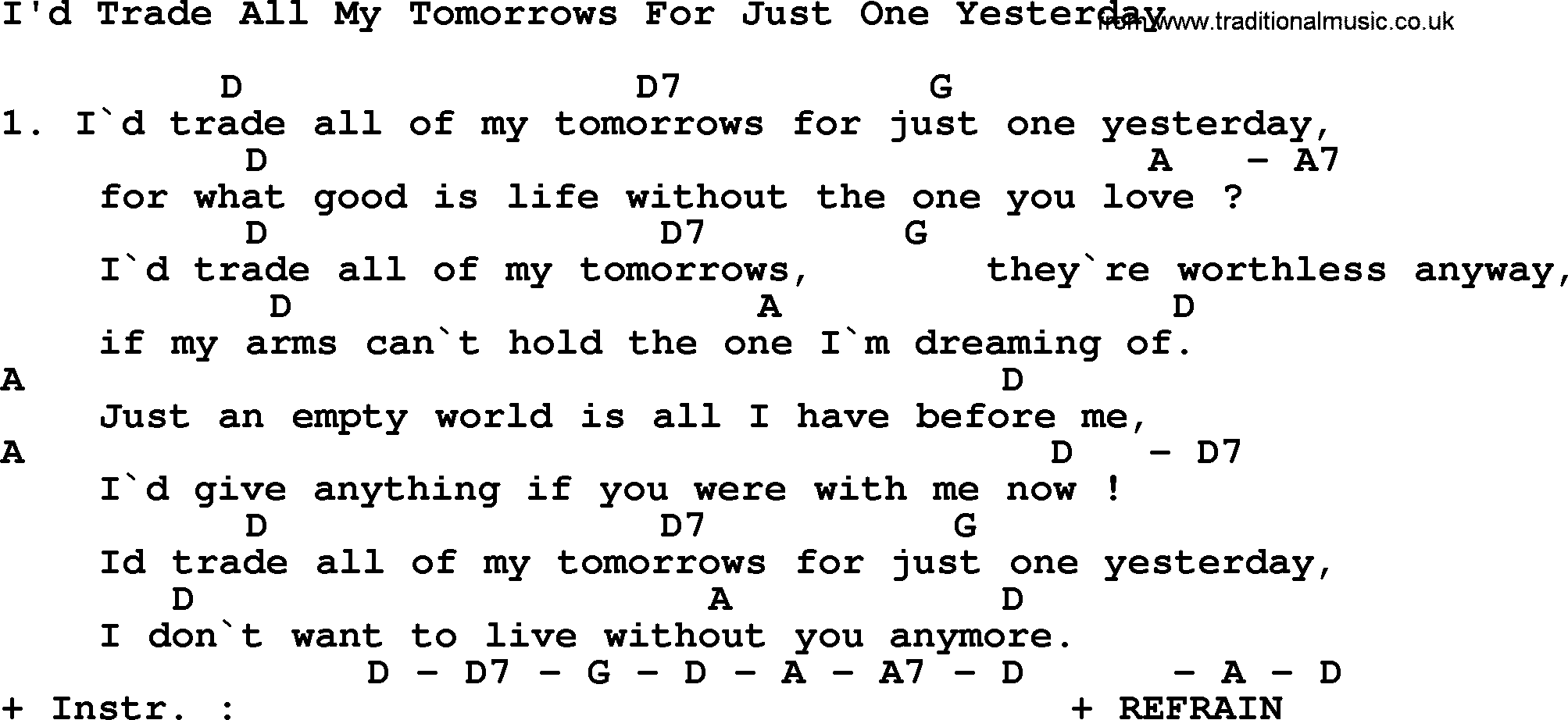 Willie Nelson song: I'd Trade All My Tomorrows For Just One Yesterday, lyrics and chords