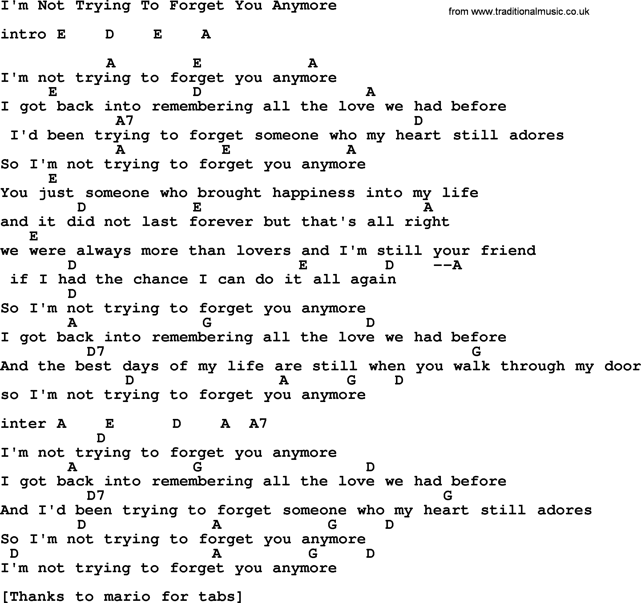 Willie Nelson song: I'm Not Trying To Forget You Anymore, lyrics and chords