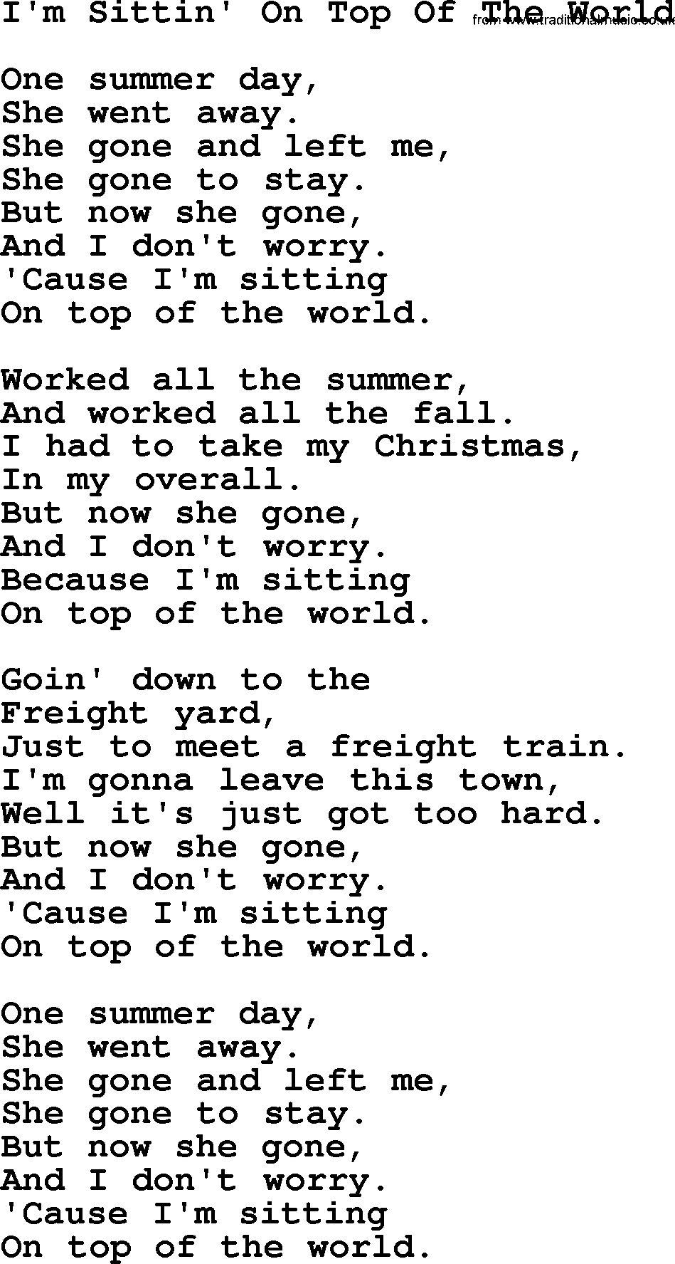 Willie Nelson song: I'm Sittin' On Top Of The World lyrics
