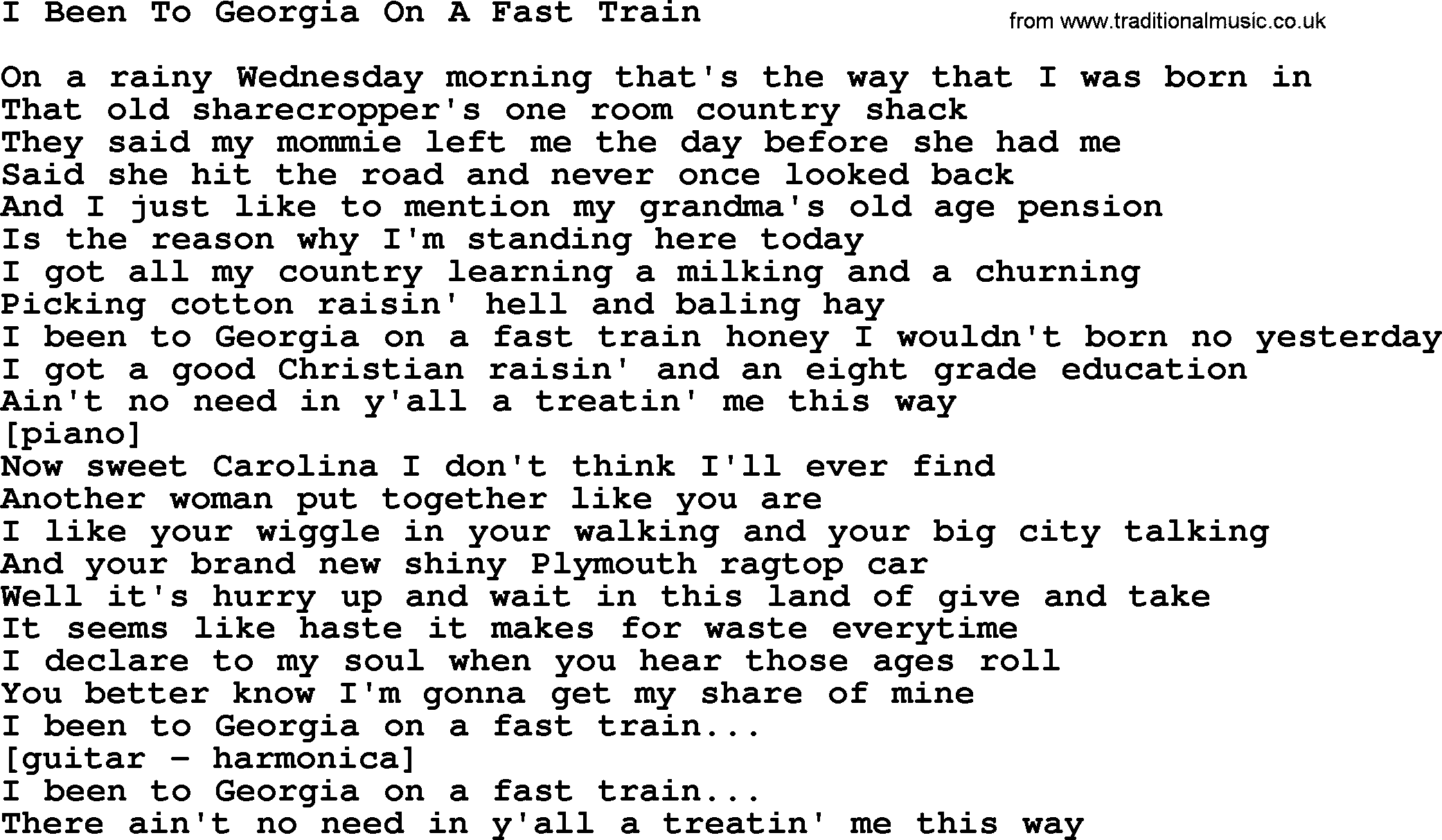Willie Nelson song: I Been To Georgia On A Fast Train lyrics