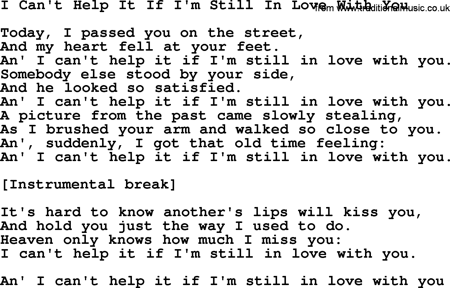 Willie Nelson song: I Can't Help It If I'm Still In Love With You lyrics