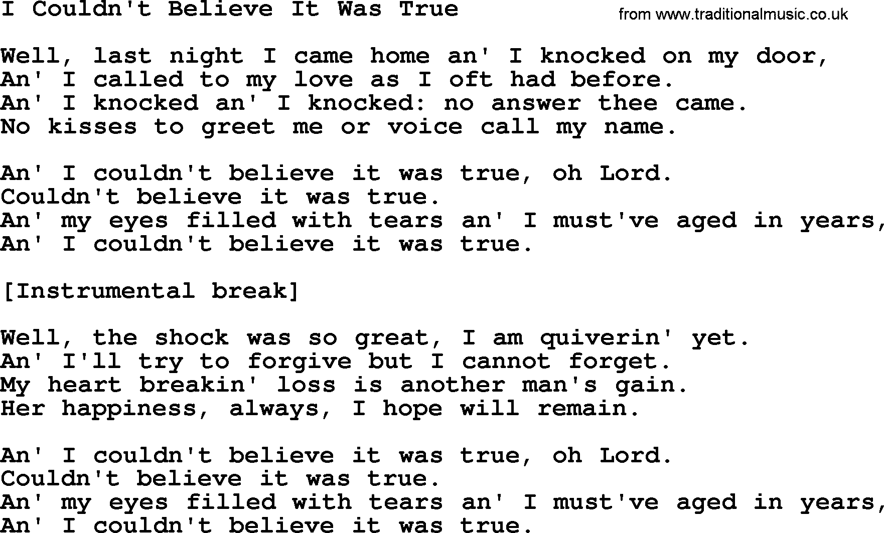 Willie Nelson song: I Couldn't Believe It Was True lyrics