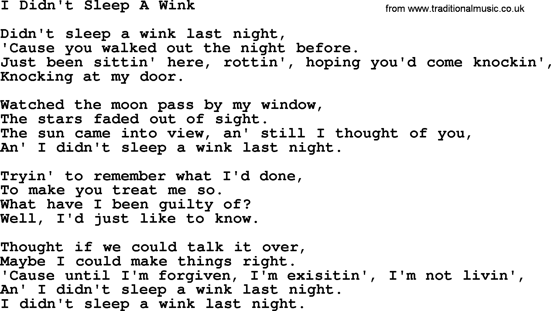 Willie Nelson song: I Didn't Sleep A Wink lyrics