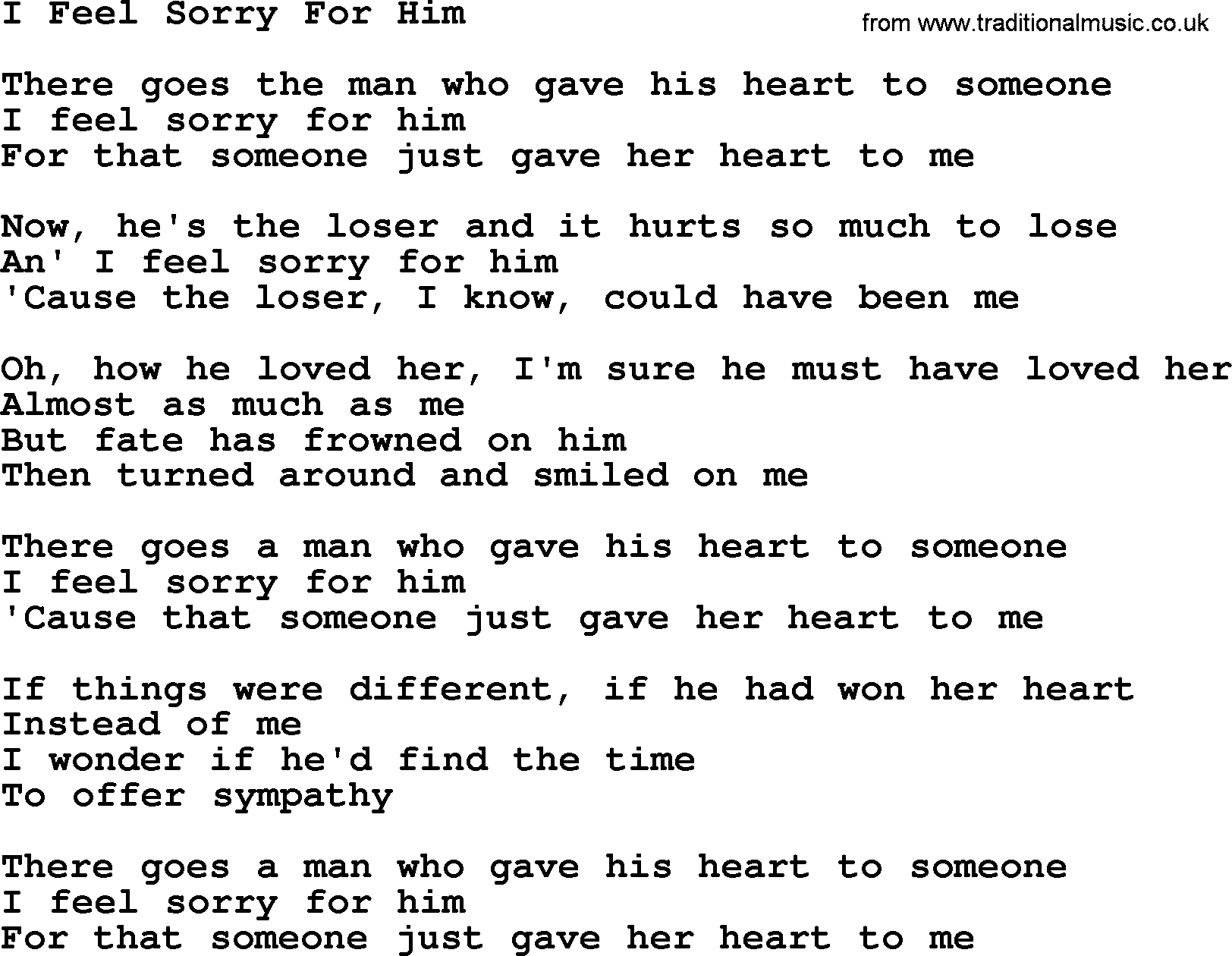 Willie Nelson song: I Feel Sorry For Him lyrics