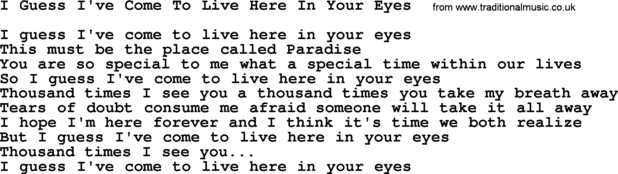 Willie Nelson song: I Guess I've Come To Live Here In Your Eyes lyrics