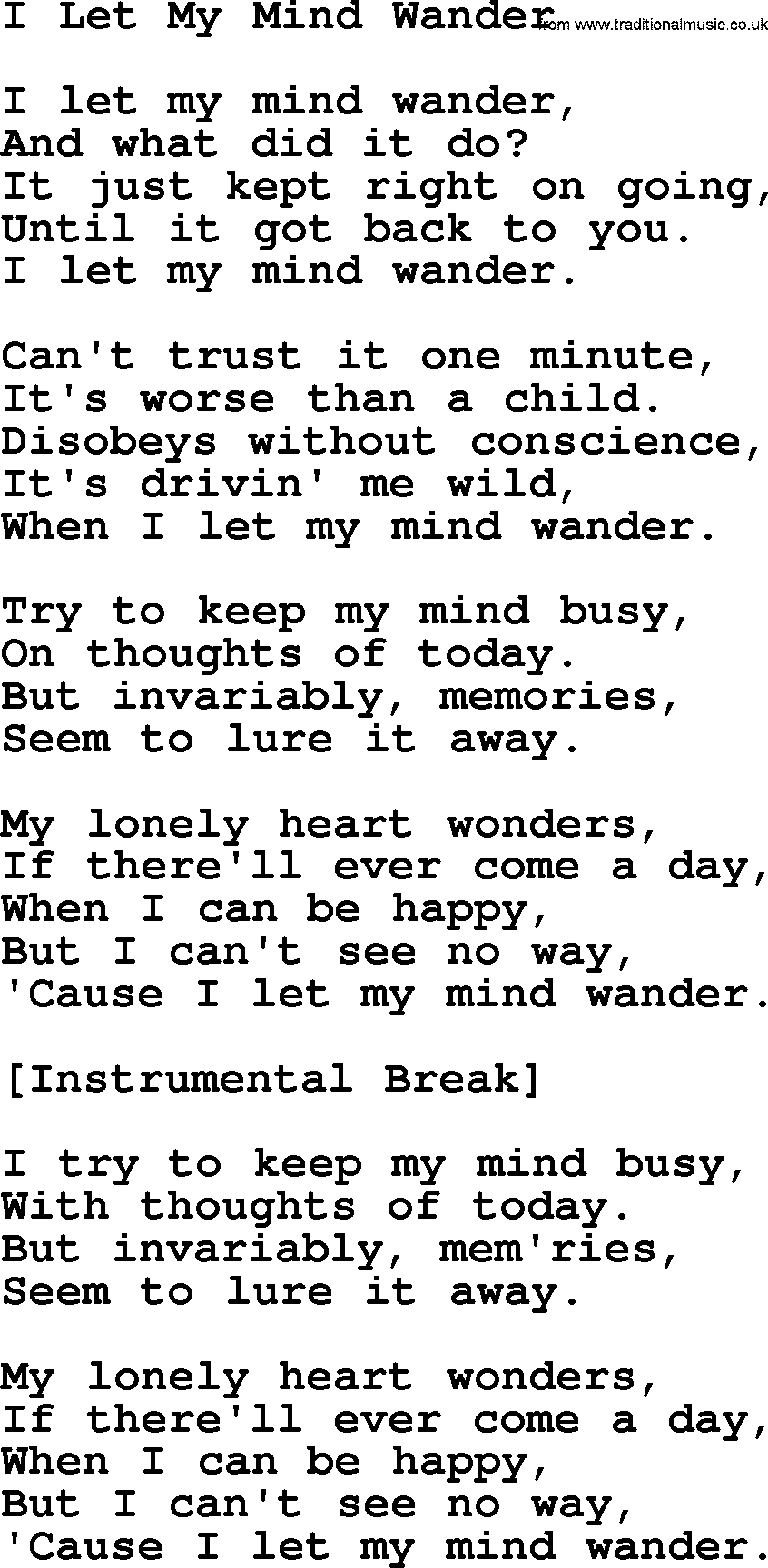 Willie Nelson song: I Let My Mind Wander lyrics